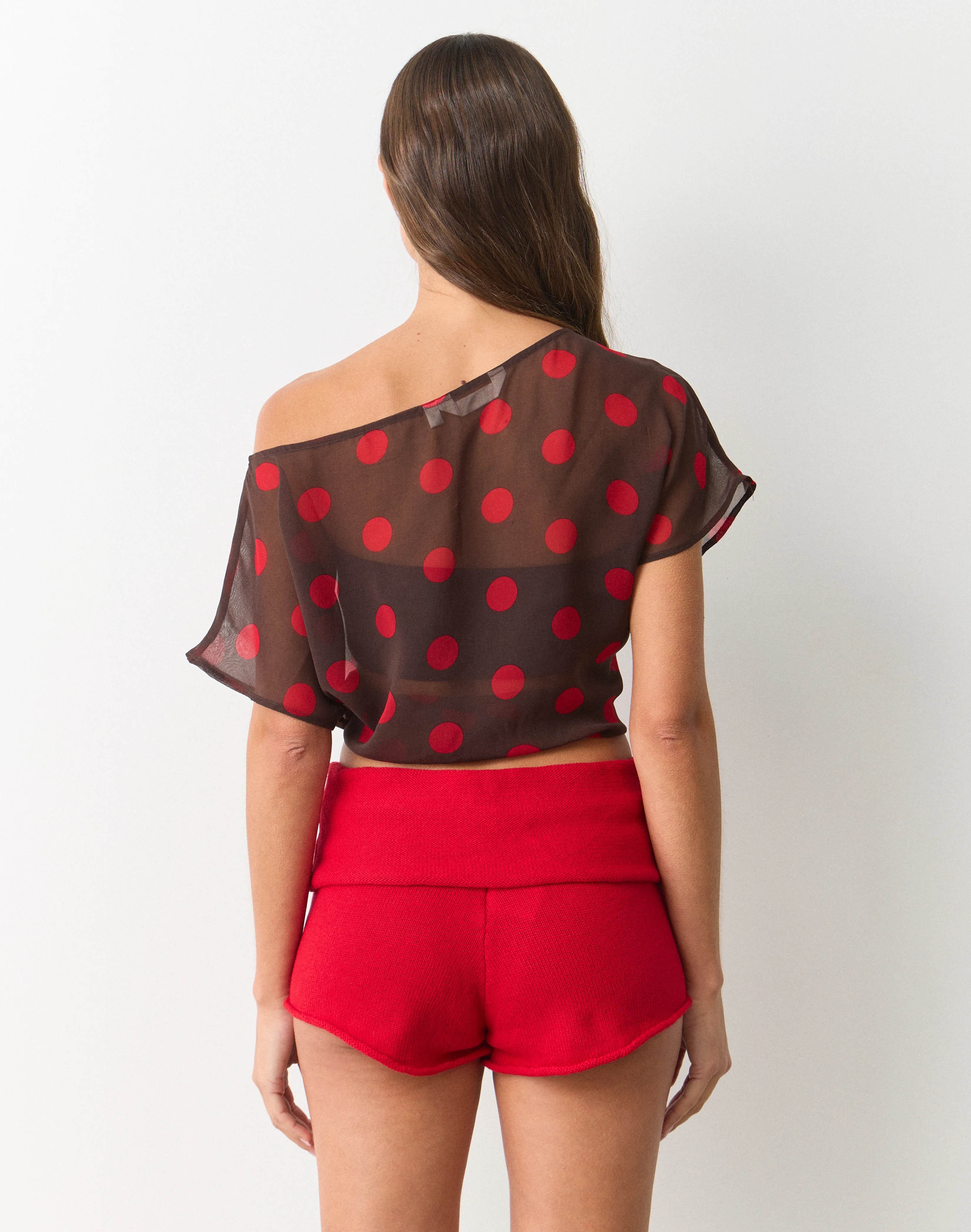 Print Chiffon Sheer Off Shoulder Blouse Fudge Cherry Mariona Polka 4 Print Chiffon Sheer Off Shoulder Blouse Fudge Cherry Mariona Polka