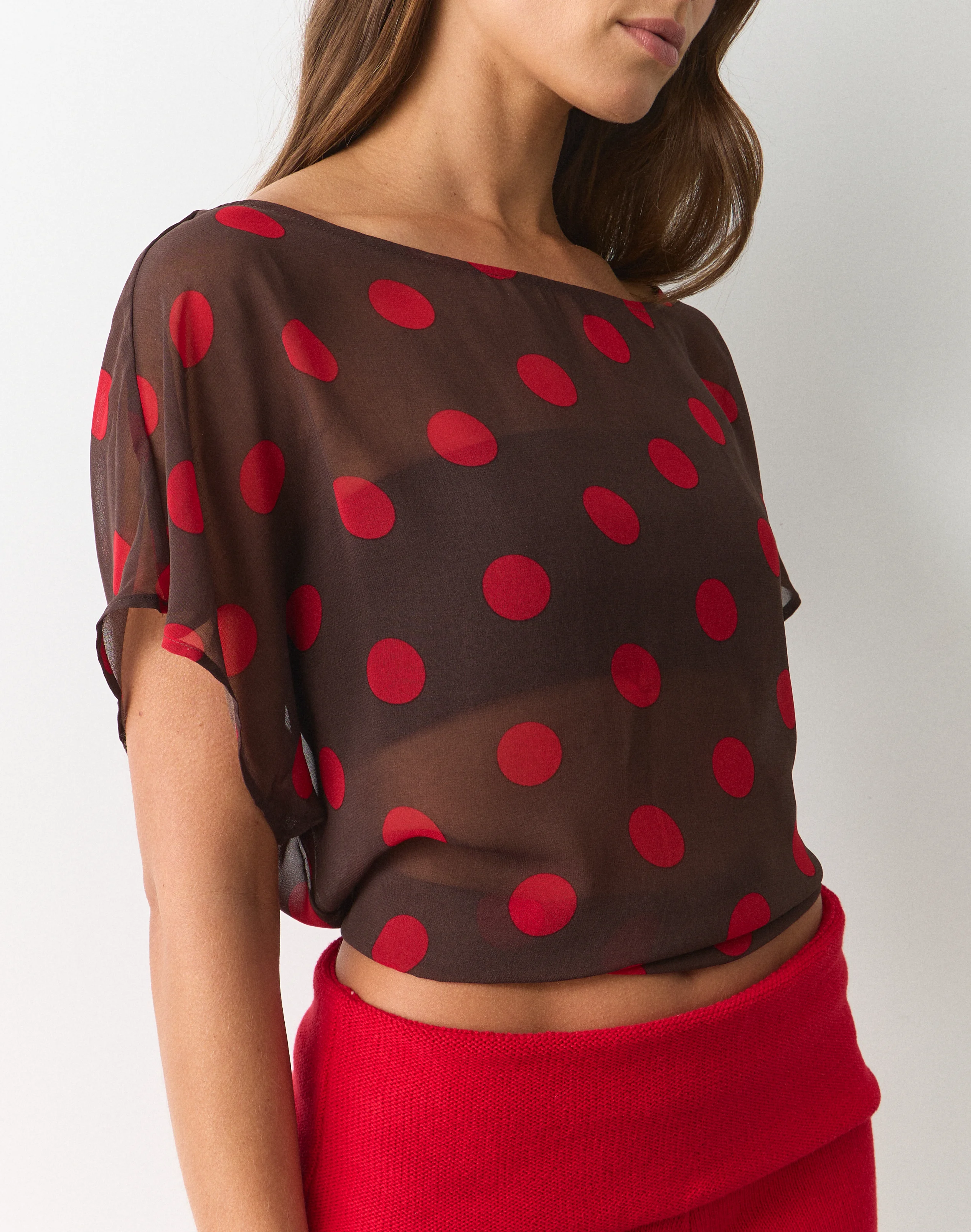Print Chiffon Sheer Off Shoulder Blouse Fudge Cherry Mariona Polka 5 Print Chiffon Sheer Off Shoulder Blouse Fudge Cherry Mariona Polka