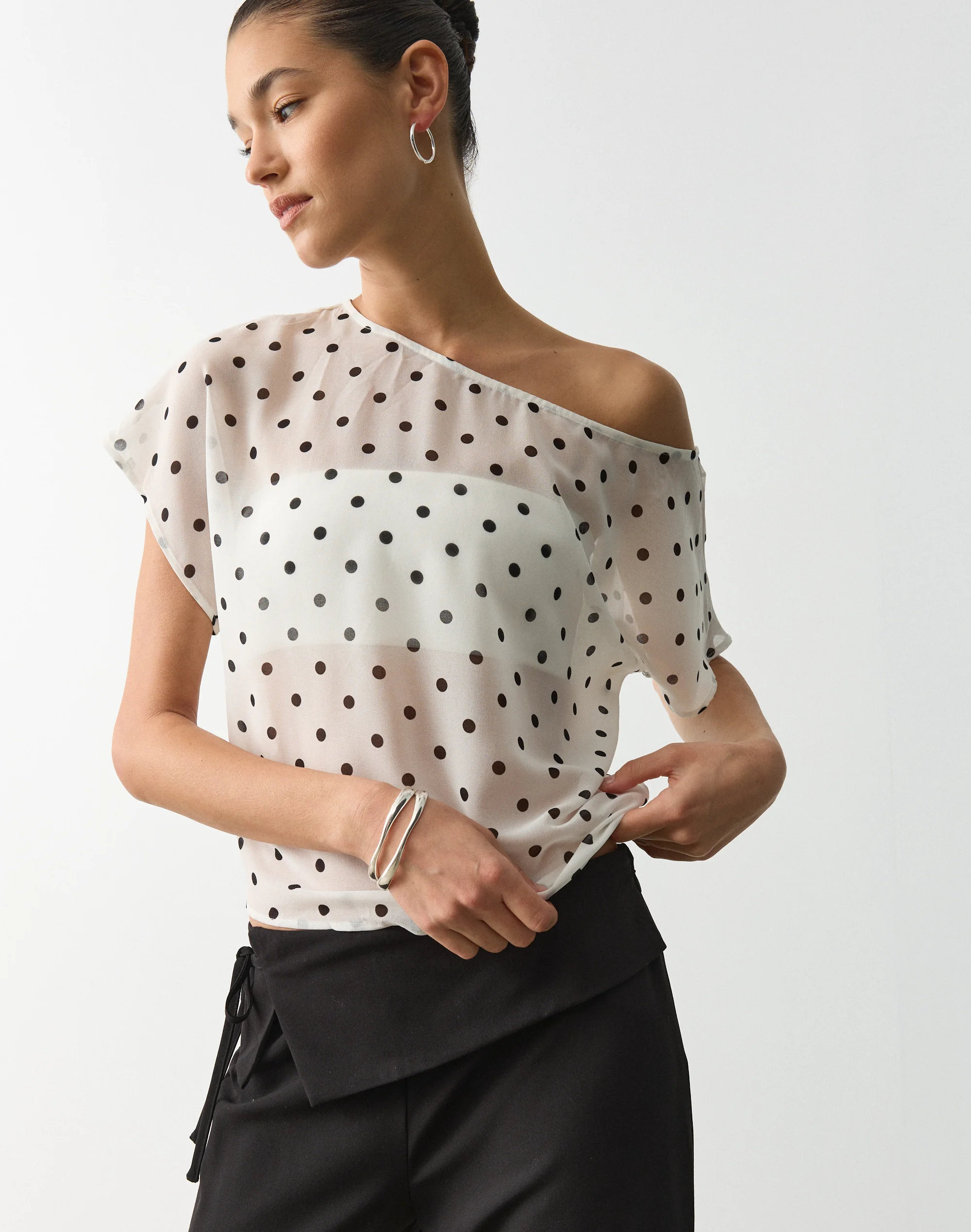 Print Chiffon Sheer Off Shoulder Blouse Milk Black Lana Polka