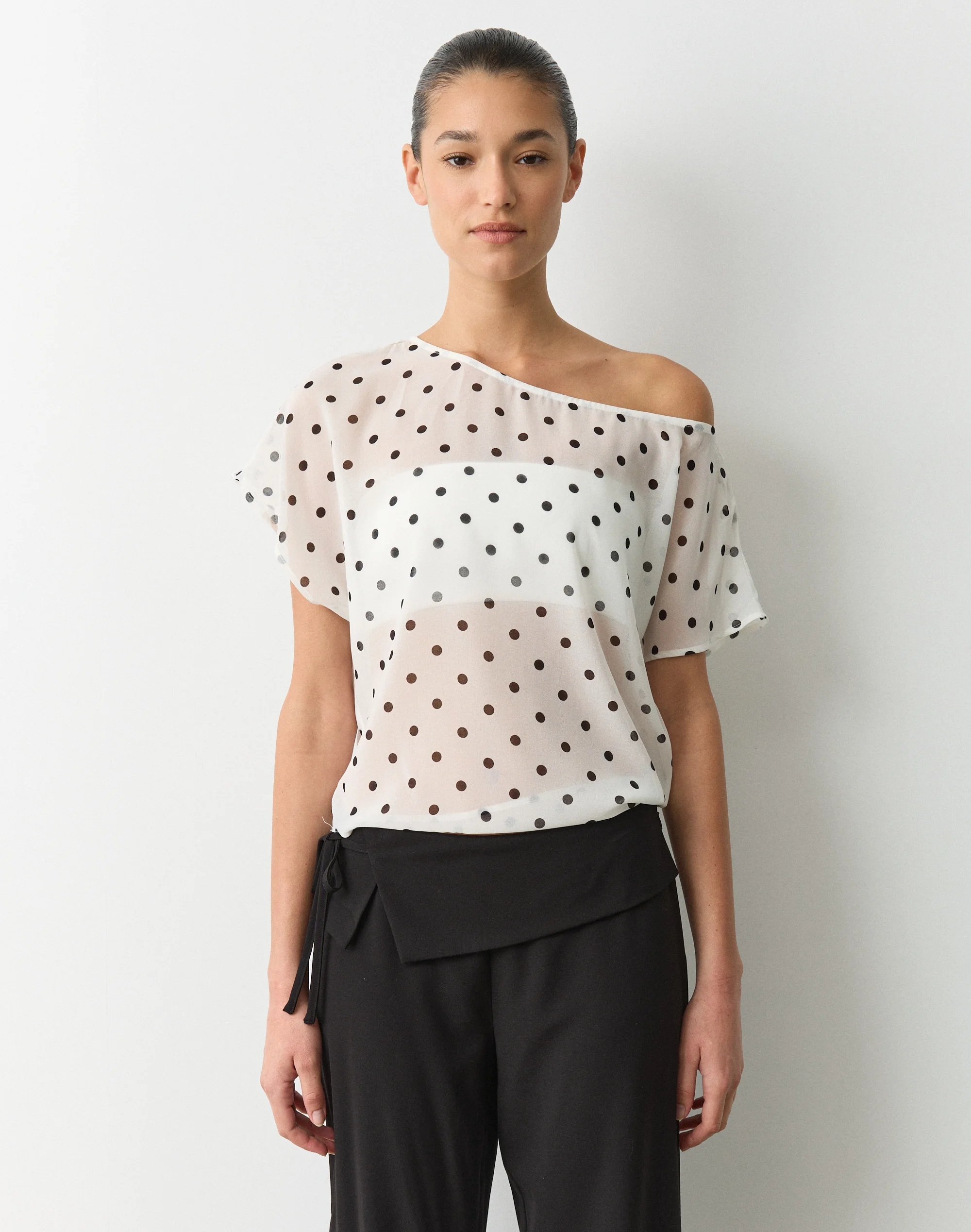 Print Chiffon Sheer Off Shoulder Blouse Milk Black Lana Polka