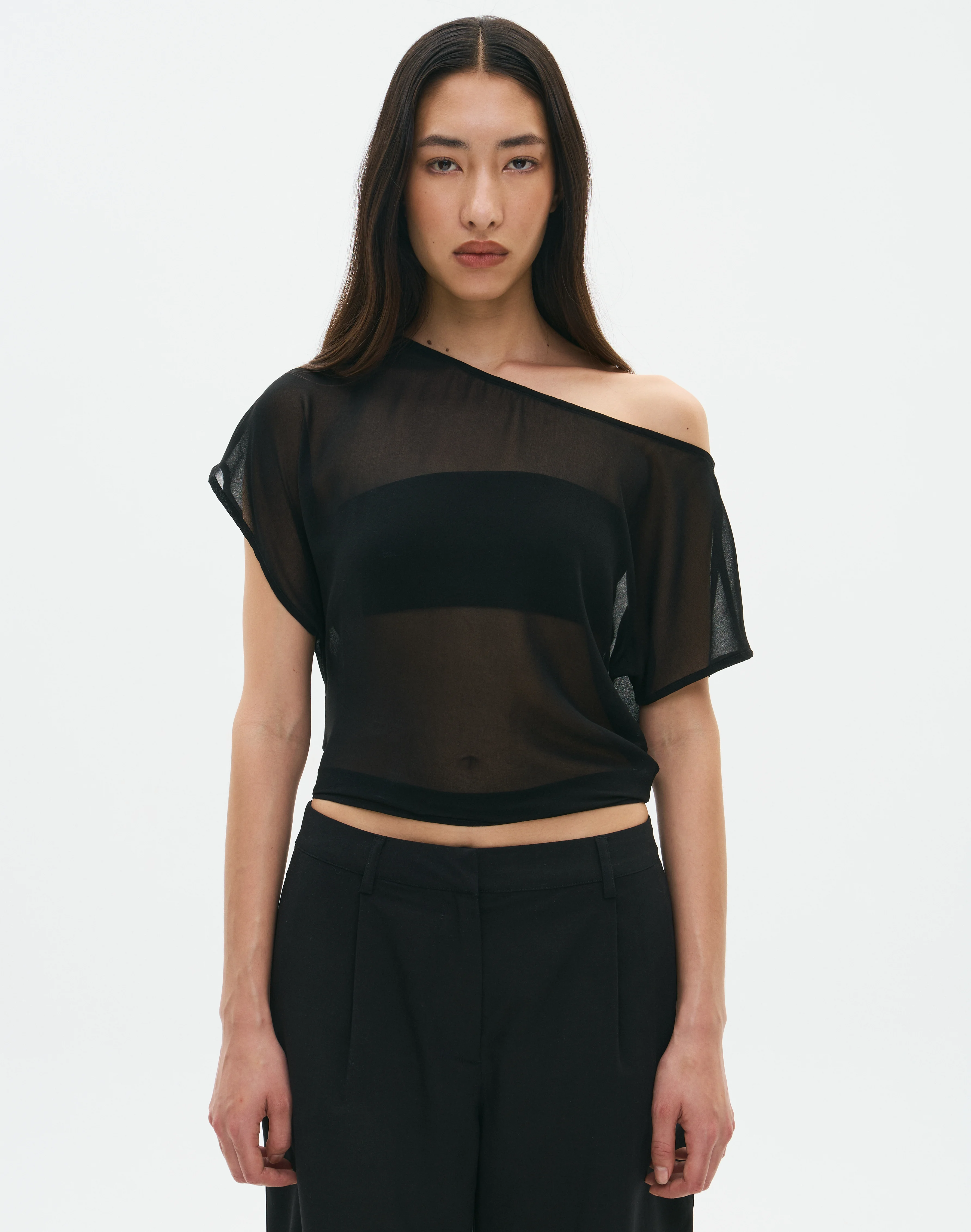 Chiffon Sheer Off Shoulder Blouse Black