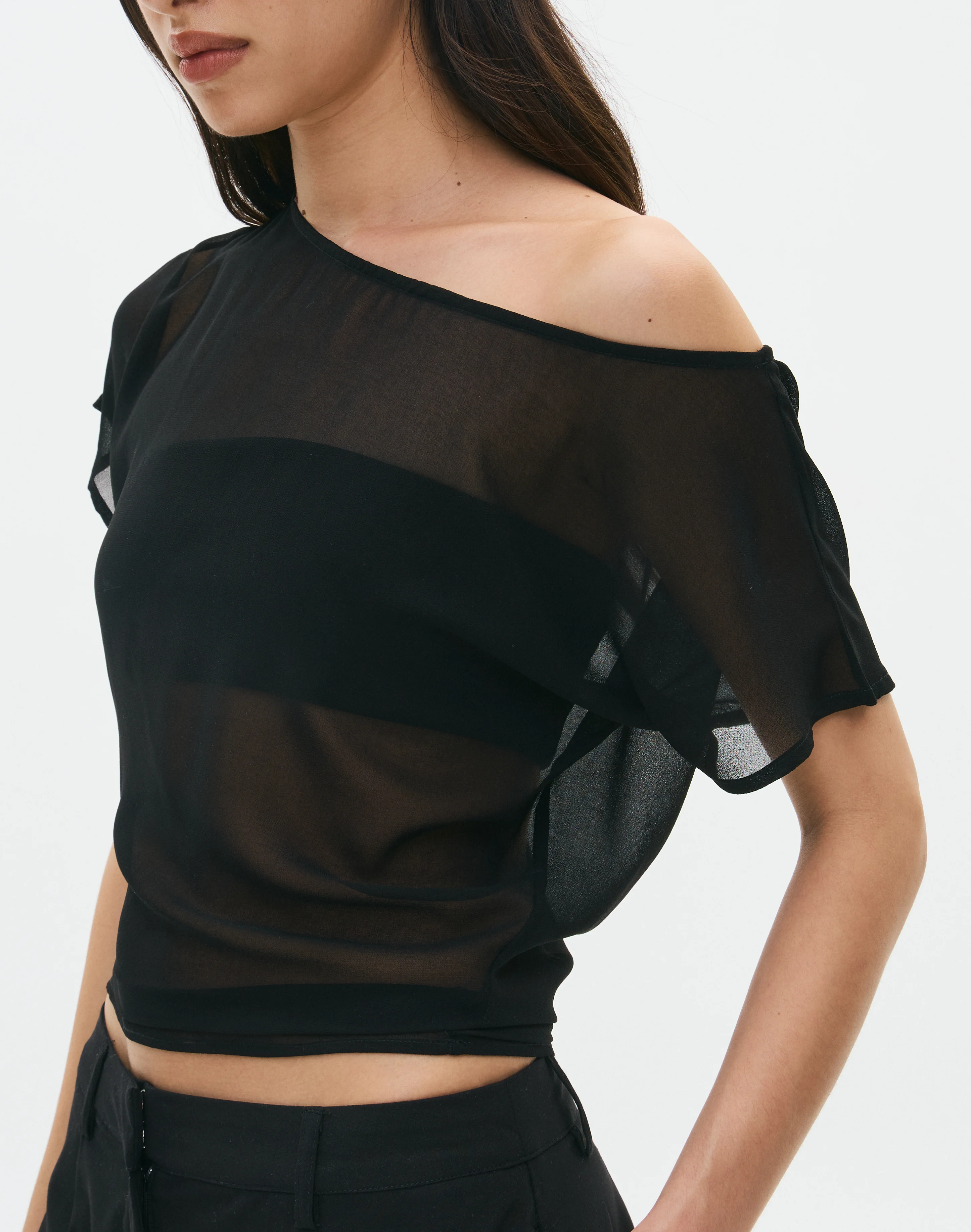 Chiffon Sheer Off Shoulder Blouse Black 5 Chiffon Sheer Off Shoulder Blouse Black