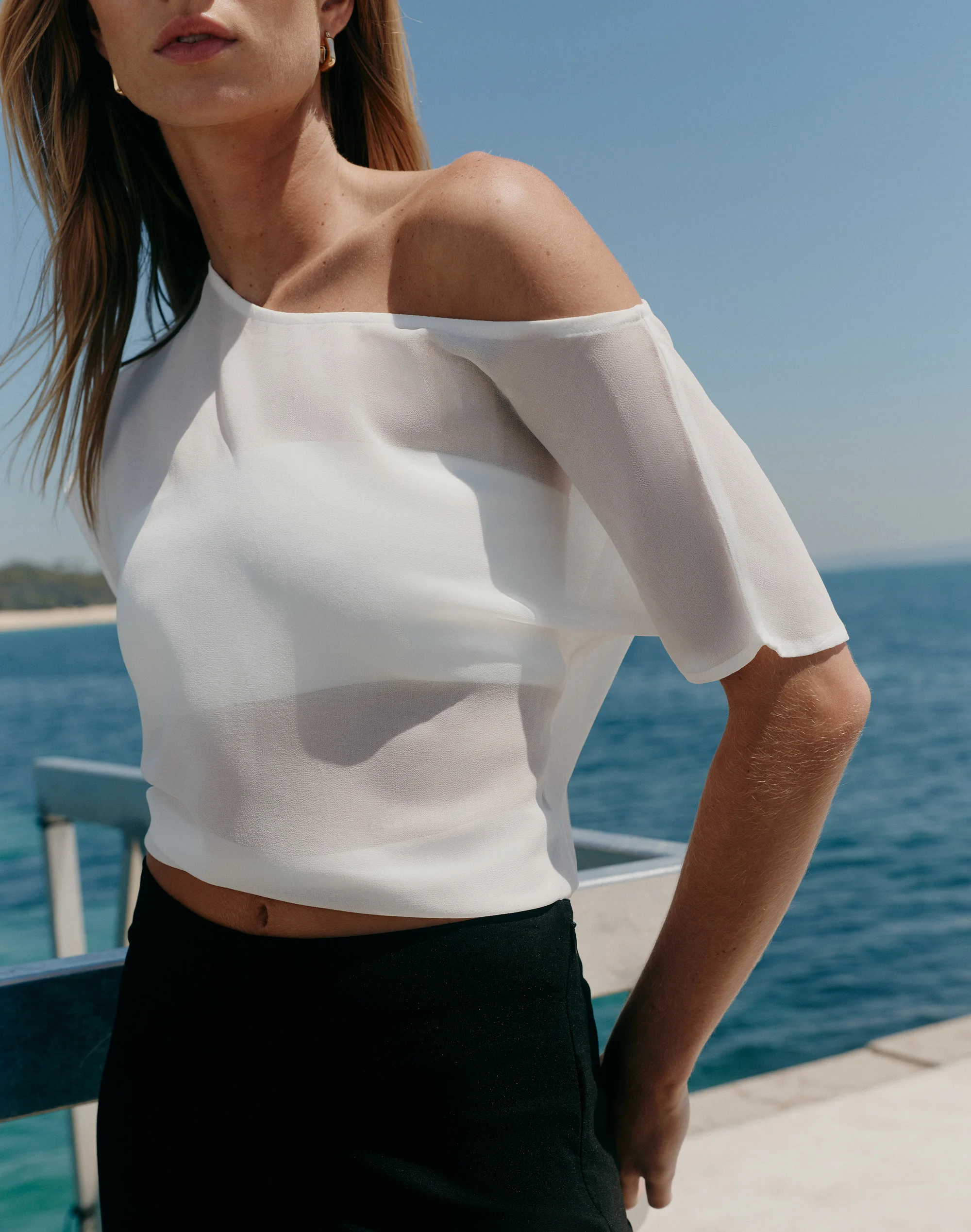 Chiffon Sheer Off Shoulder Blouse Milk