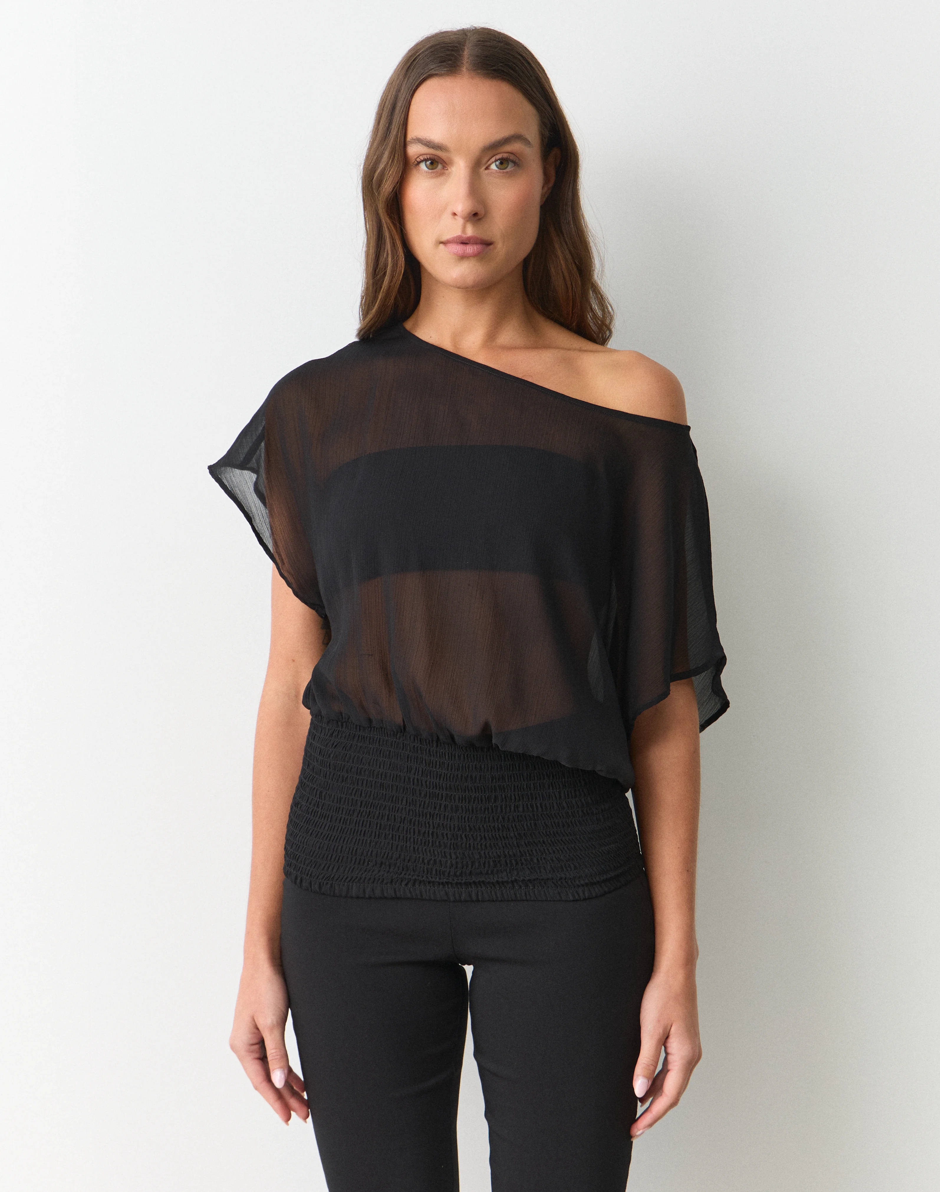 Chiffon Off Shoulder Ruched Blouse Black