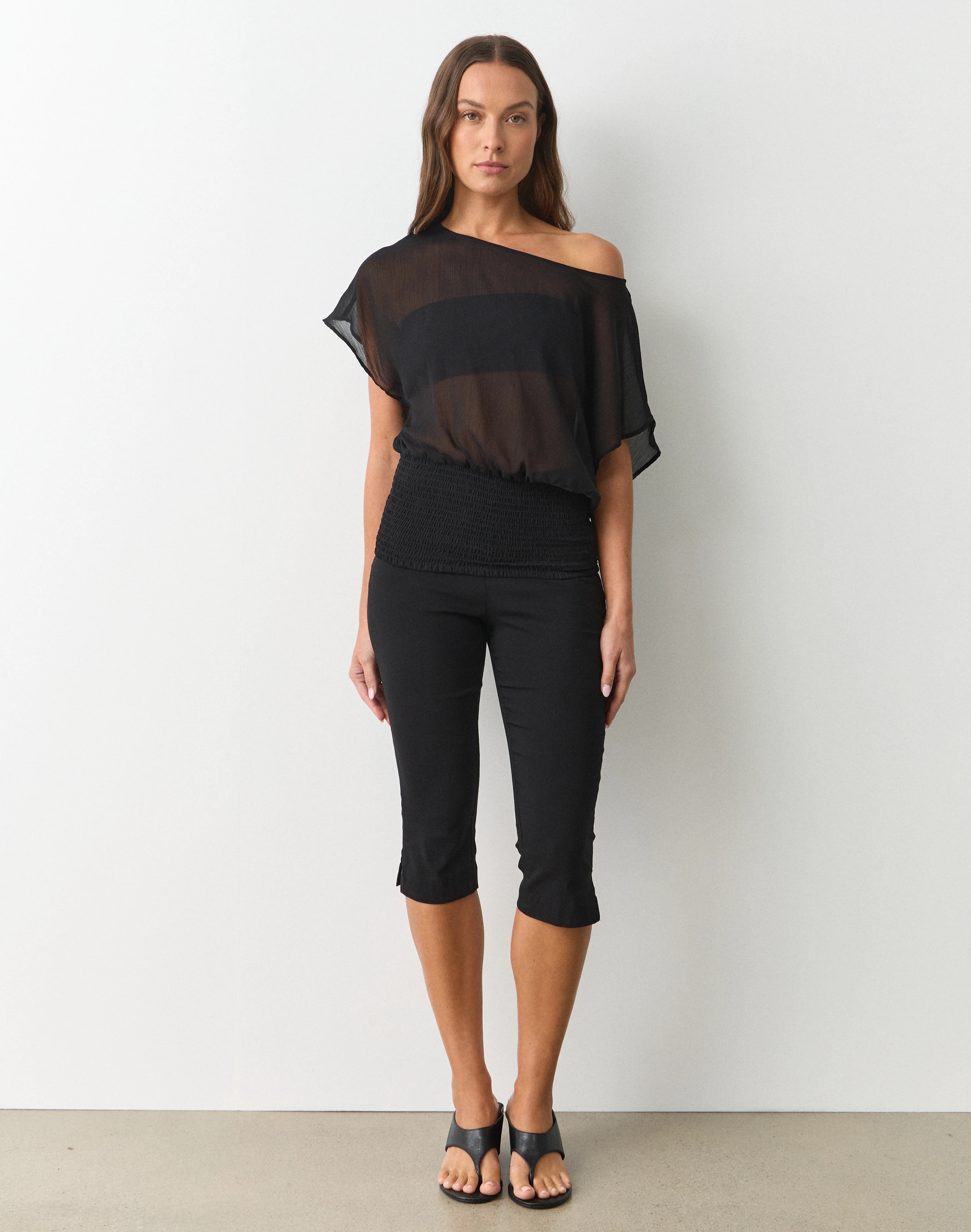 Chiffon Off Shoulder Ruched Blouse Black