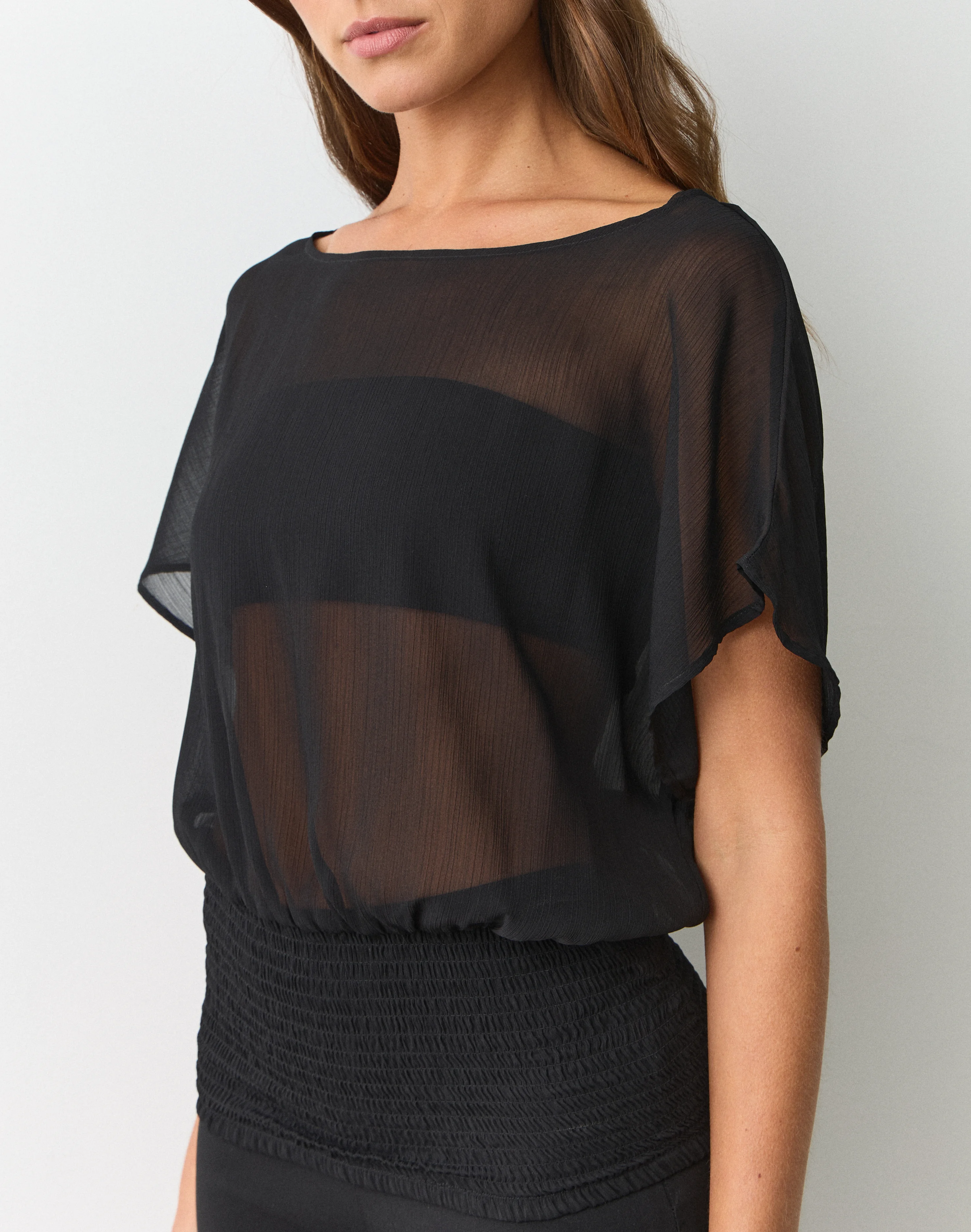 Chiffon Off Shoulder Ruched Blouse Black