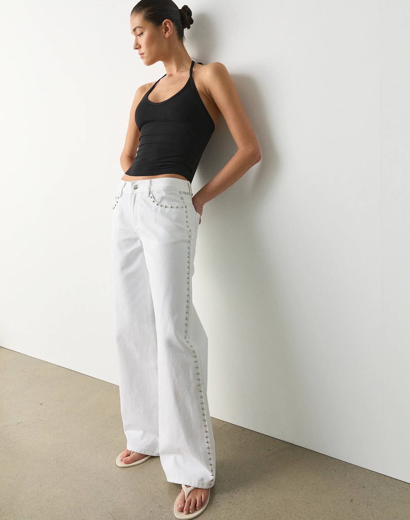 Studded Low Rise Wide Leg Jean Waikiki White
