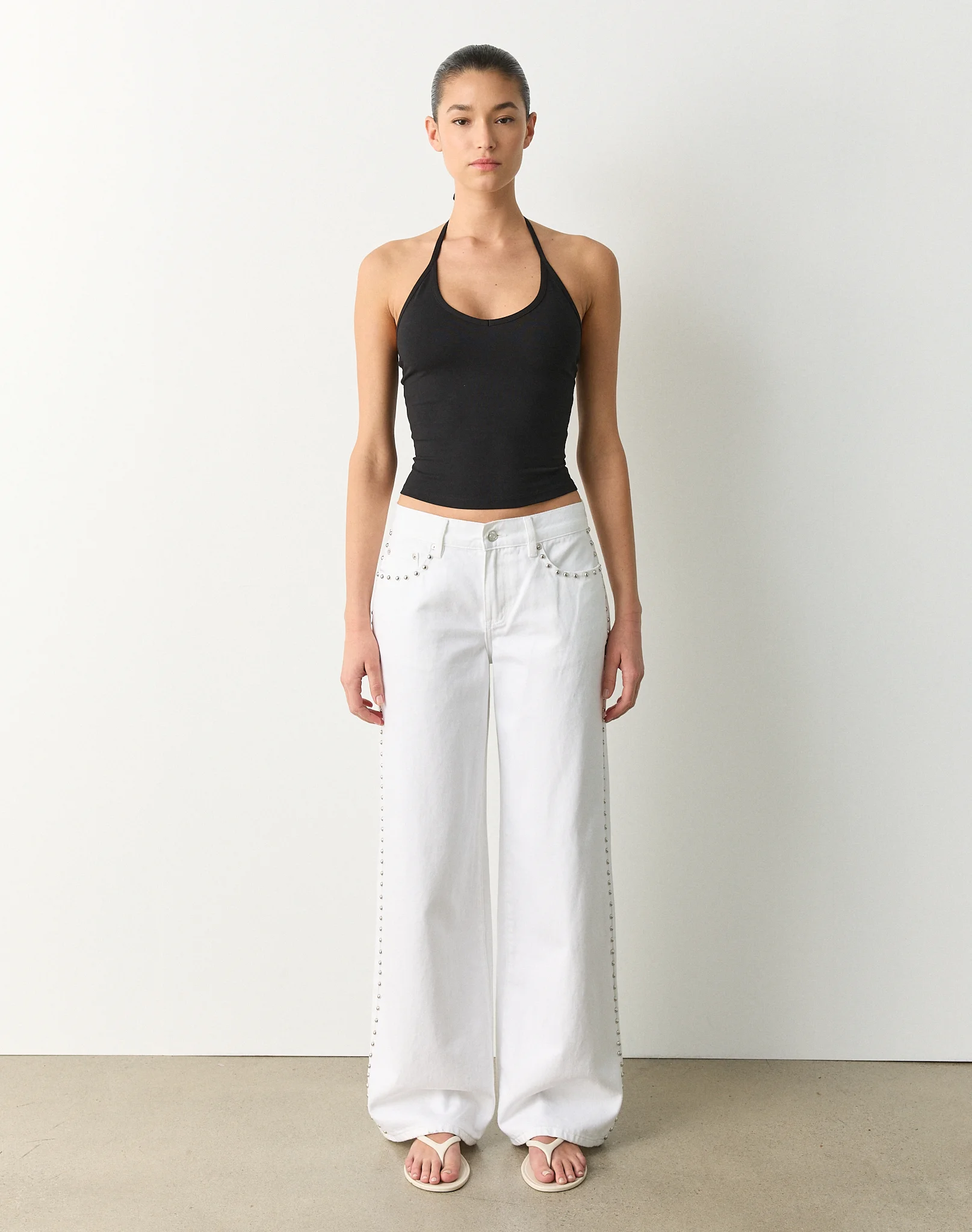 Studded Low Rise Wide Leg Jean Waikiki White
