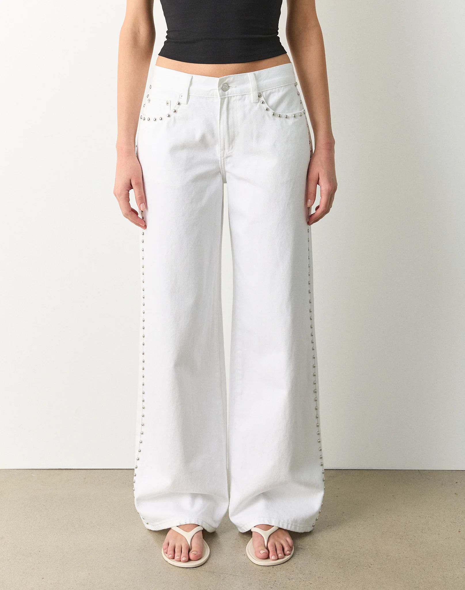 Studded Low Rise Wide Leg Jean Waikiki White