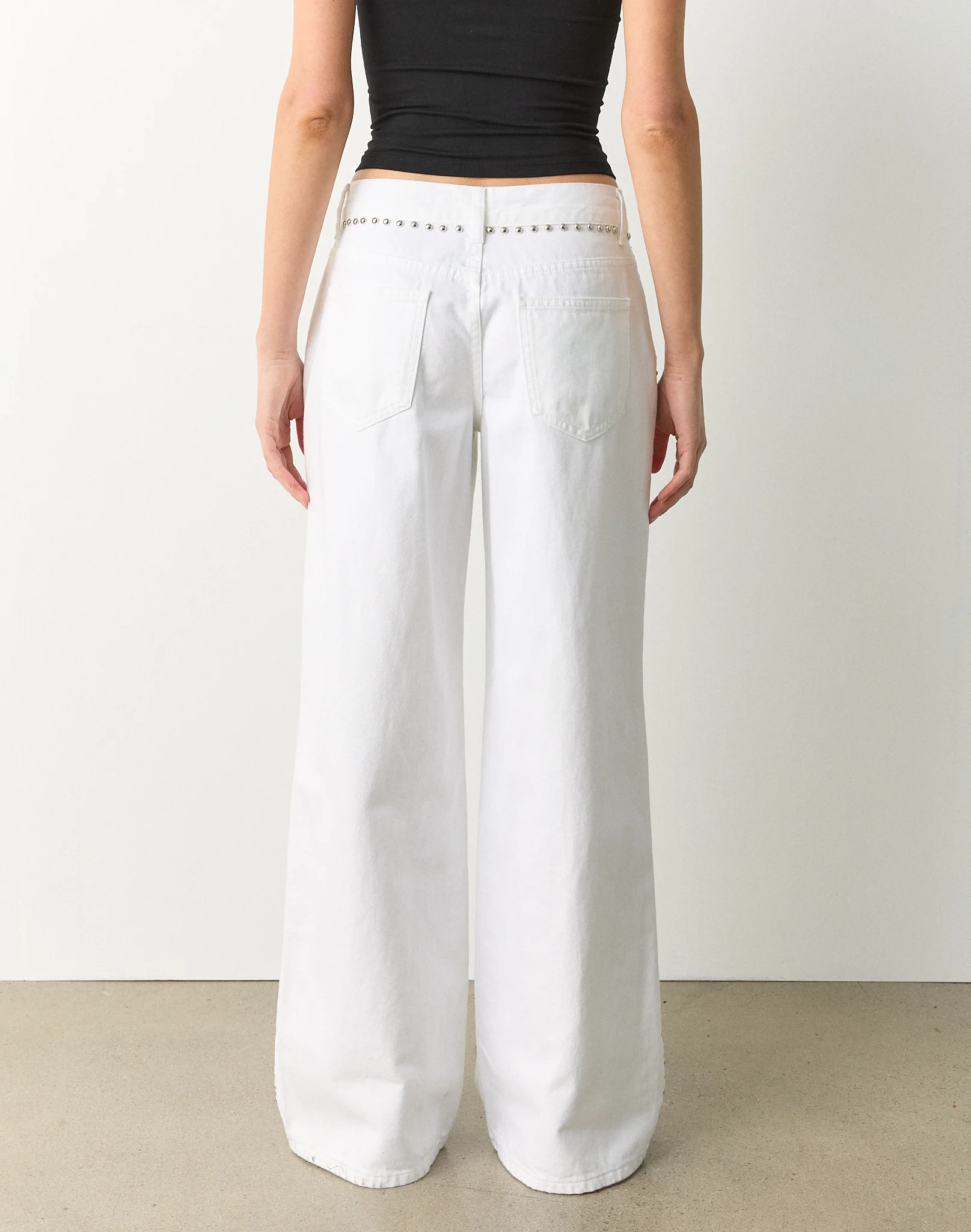 Studded Low Rise Wide Leg Jean Waikiki White
