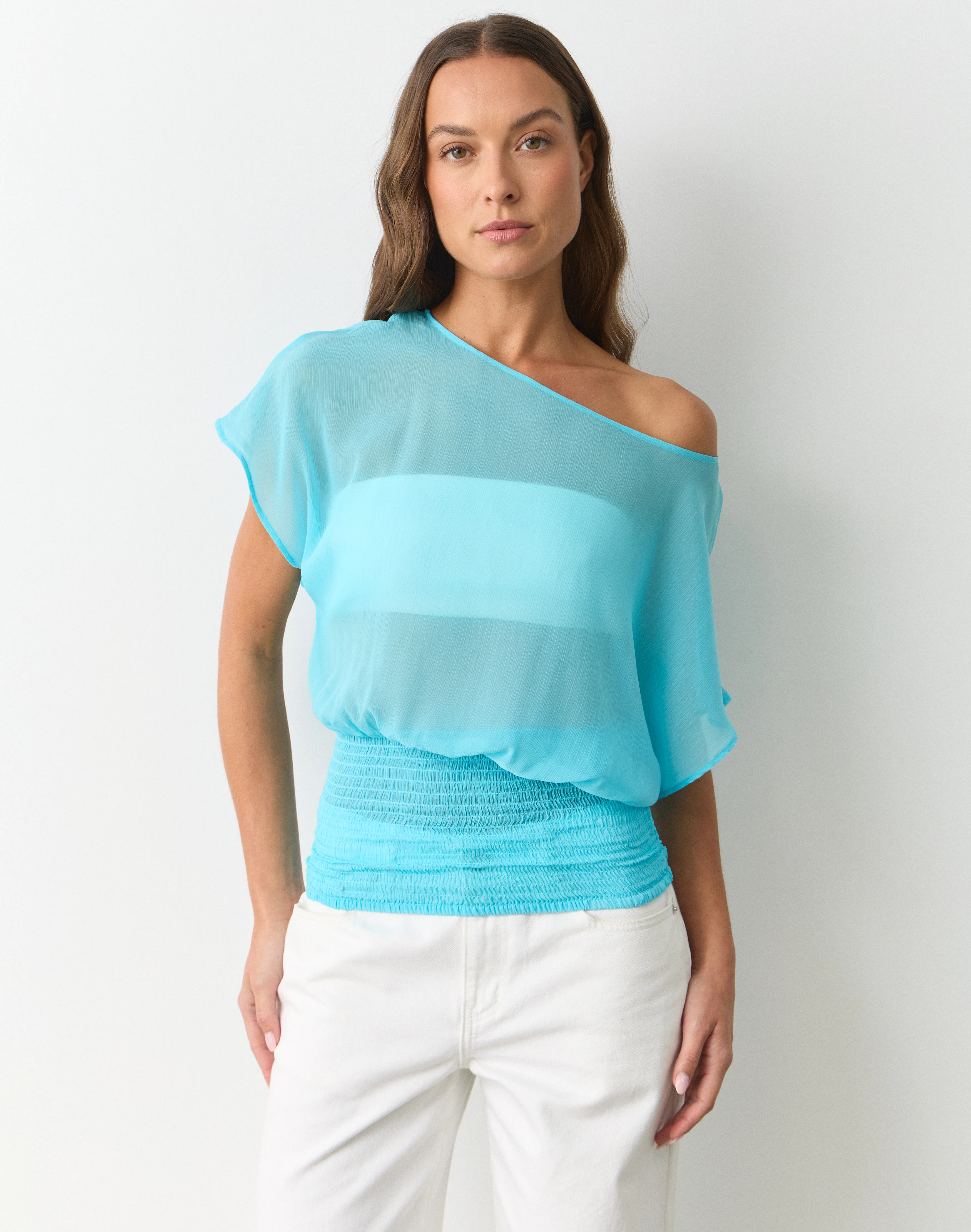 Chiffon Off Shoulder Ruched Blouse Turquoise Tango