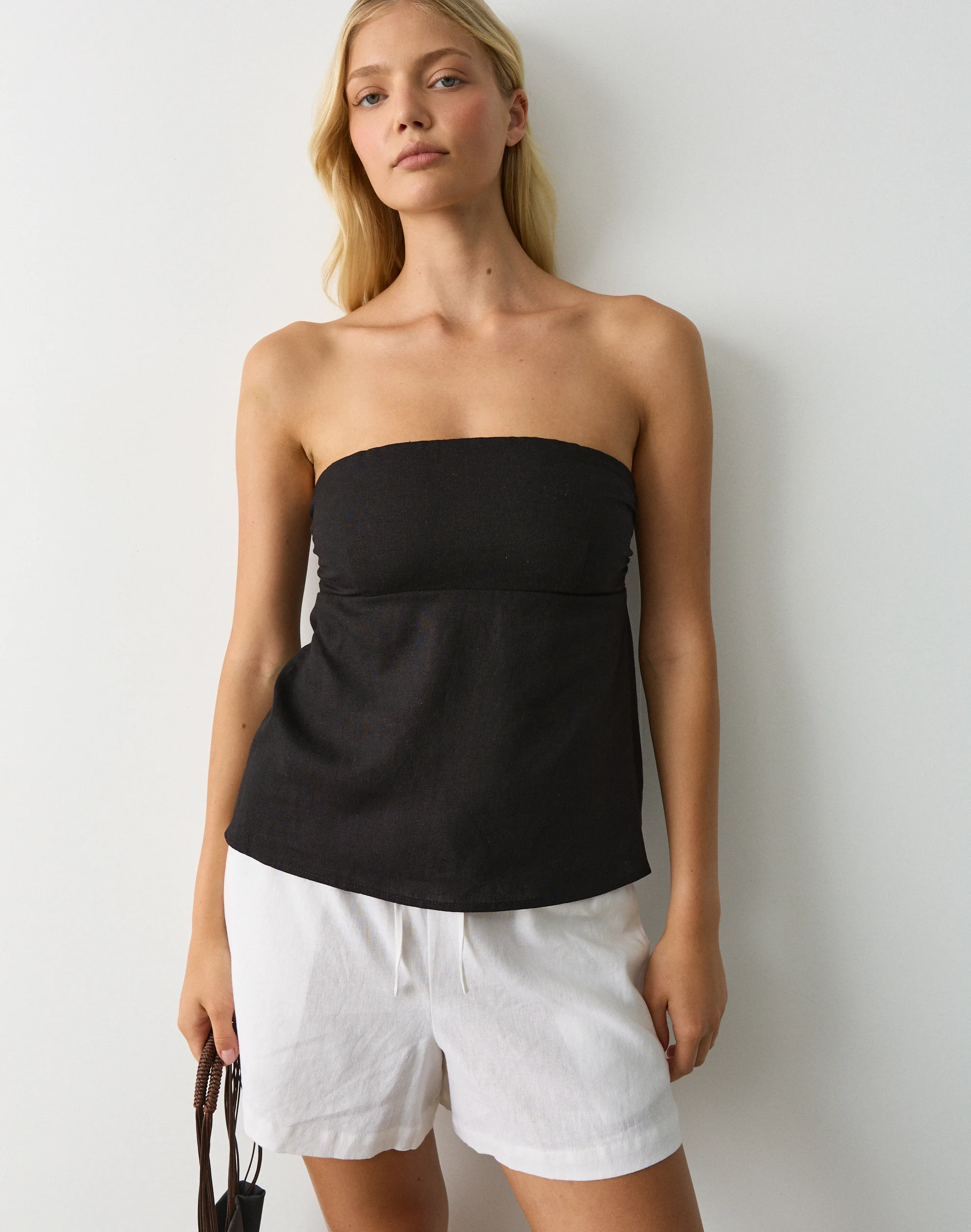 Linen Blend Strapless Tie Back Top Black