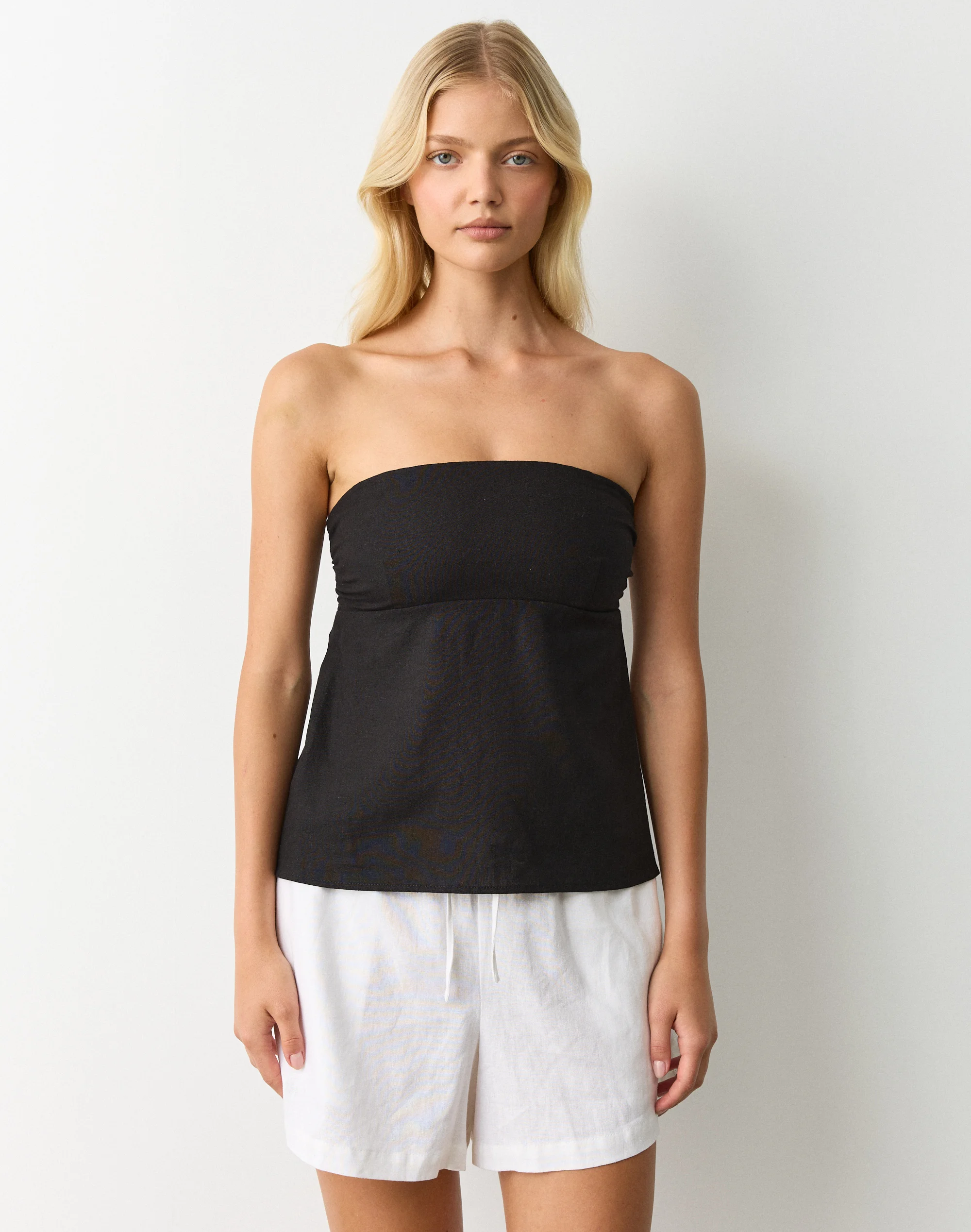 Linen Blend Strapless Tie Back Top Black