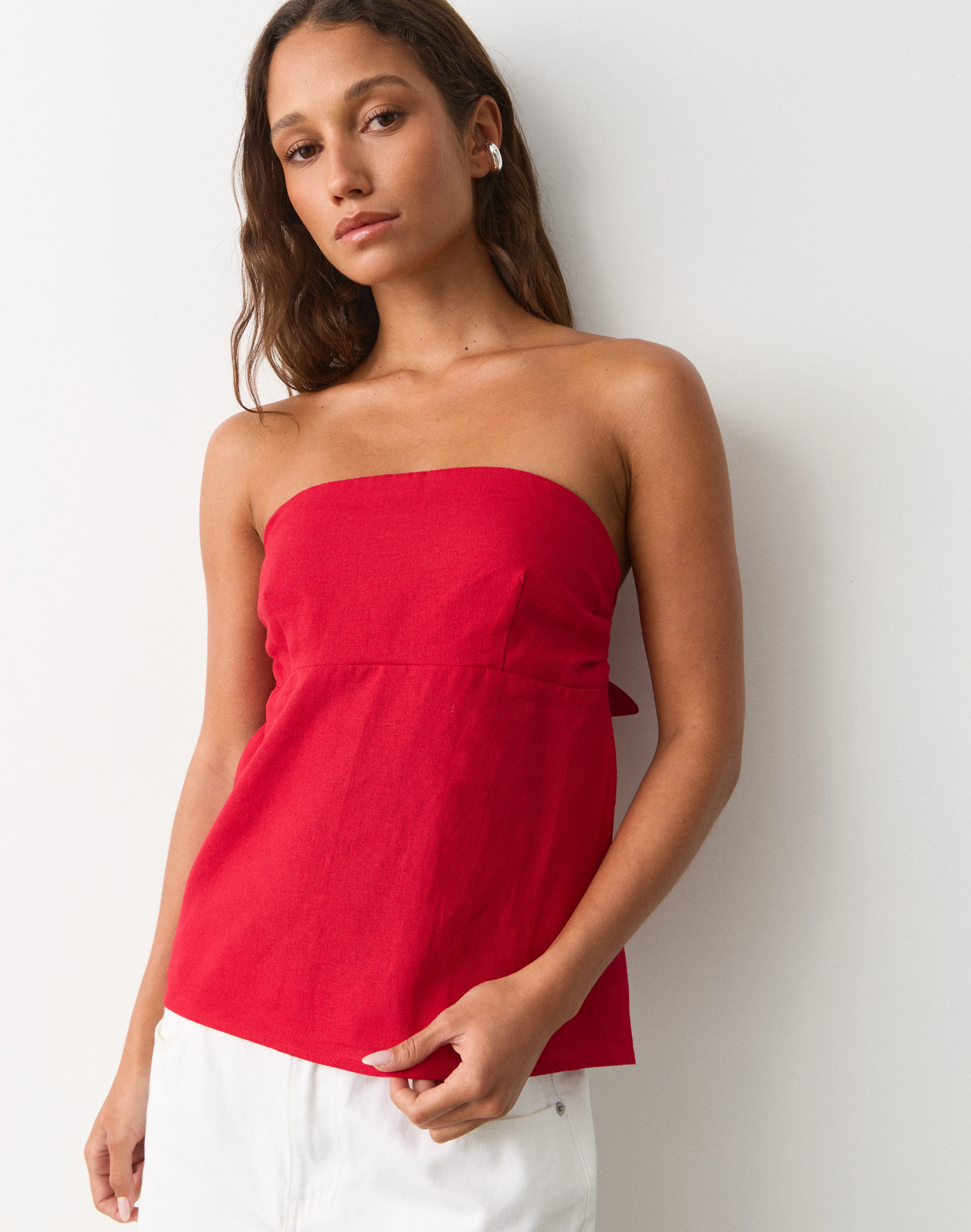 Linen Blend Strapless Tie Back Top Cherry Girl