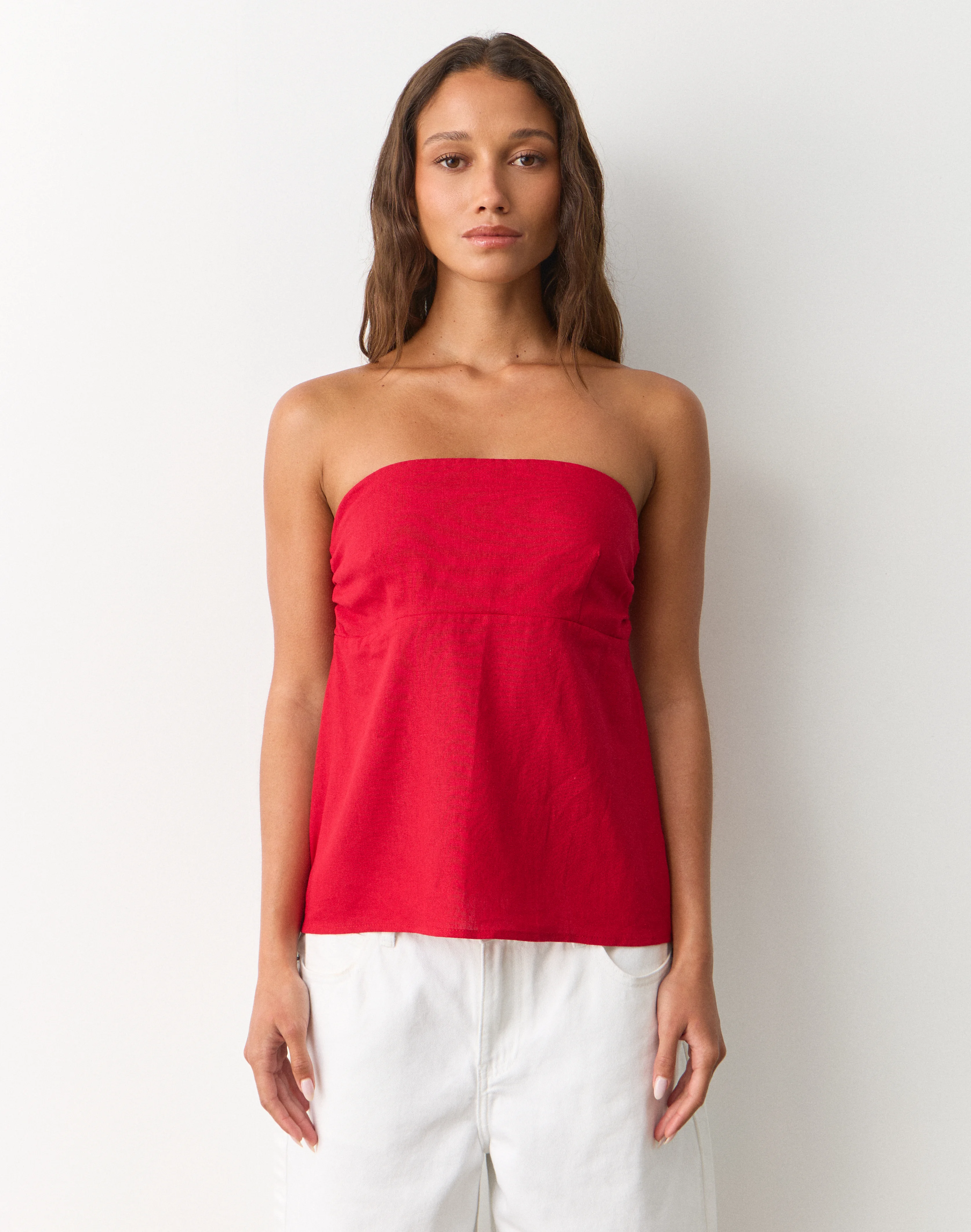 Linen Blend Strapless Tie Back Top Cherry Girl