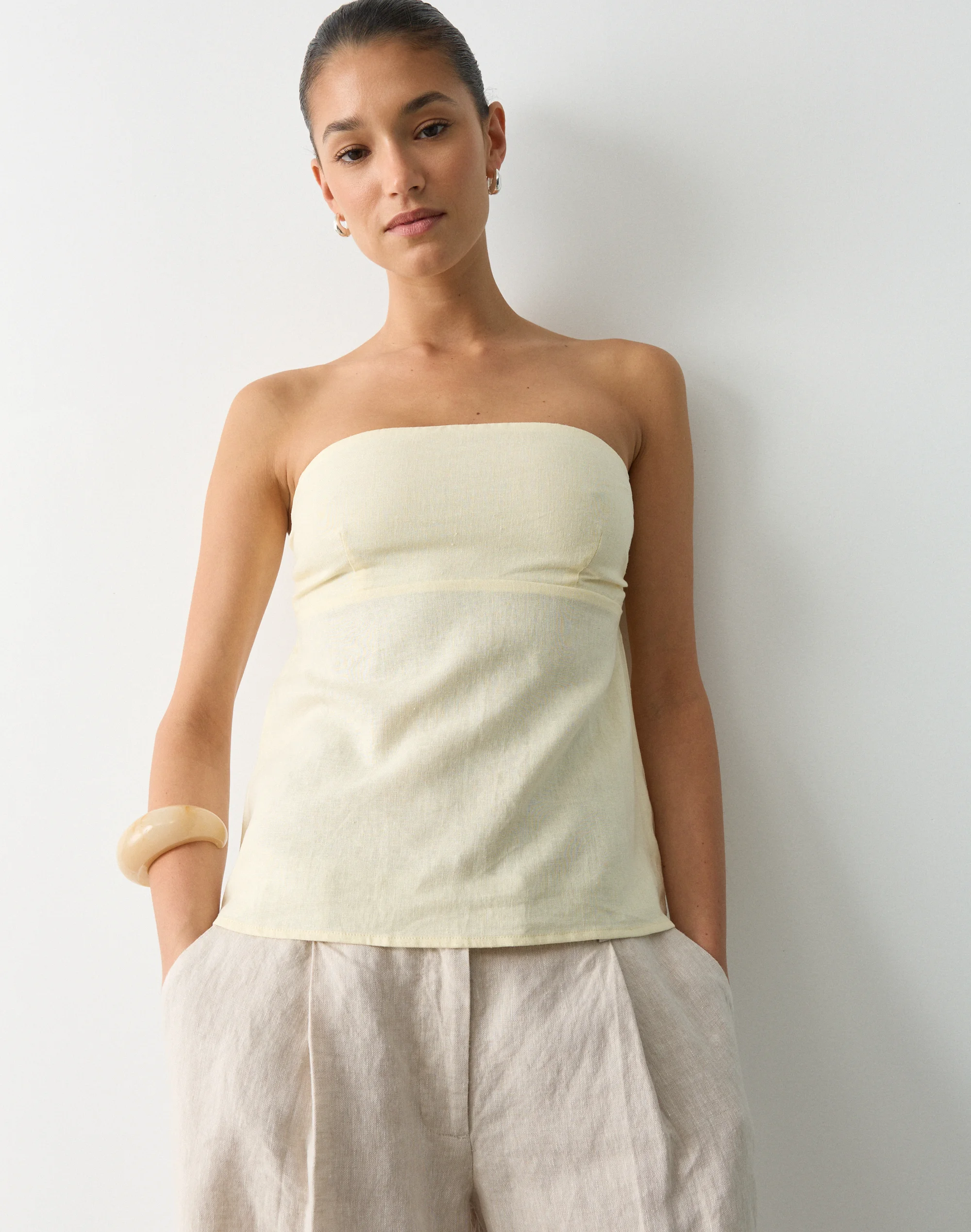 Linen Blend Strapless Tie Back Top Dusty Dandelion