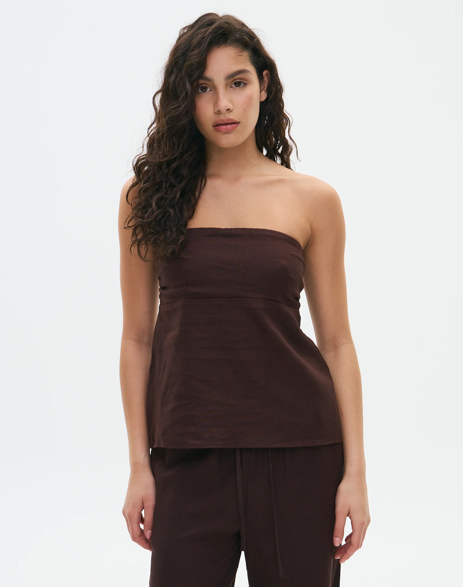 Linen Blend Strapless Tie Back Top Island Fudge