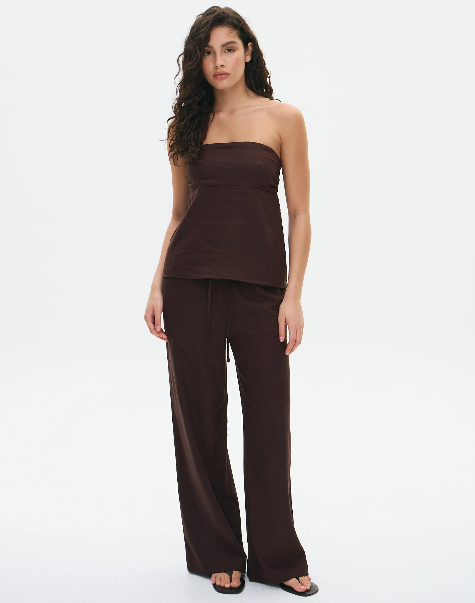 Linen Blend Strapless Tie Back Top Island Fudge