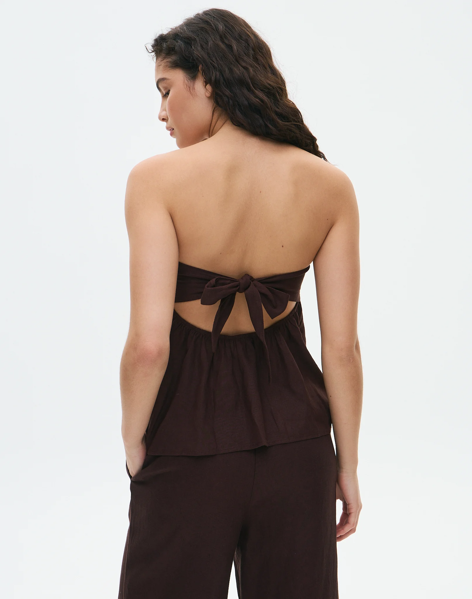 Linen Blend Strapless Tie Back Top Island Fudge