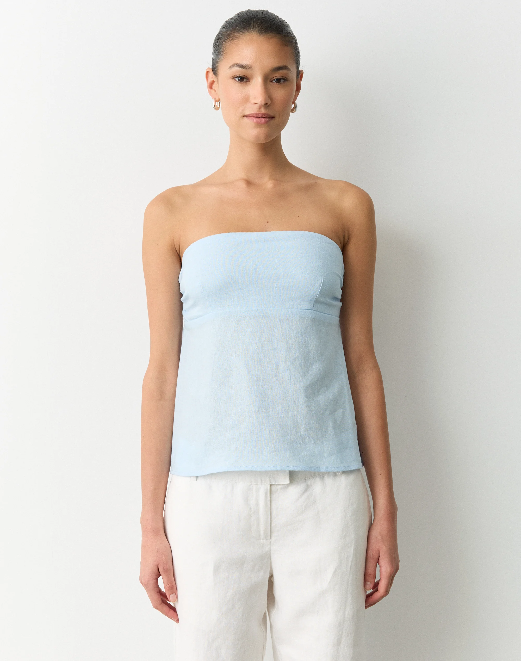 Linen Blend Strapless Tie Back Top Vapor Blue