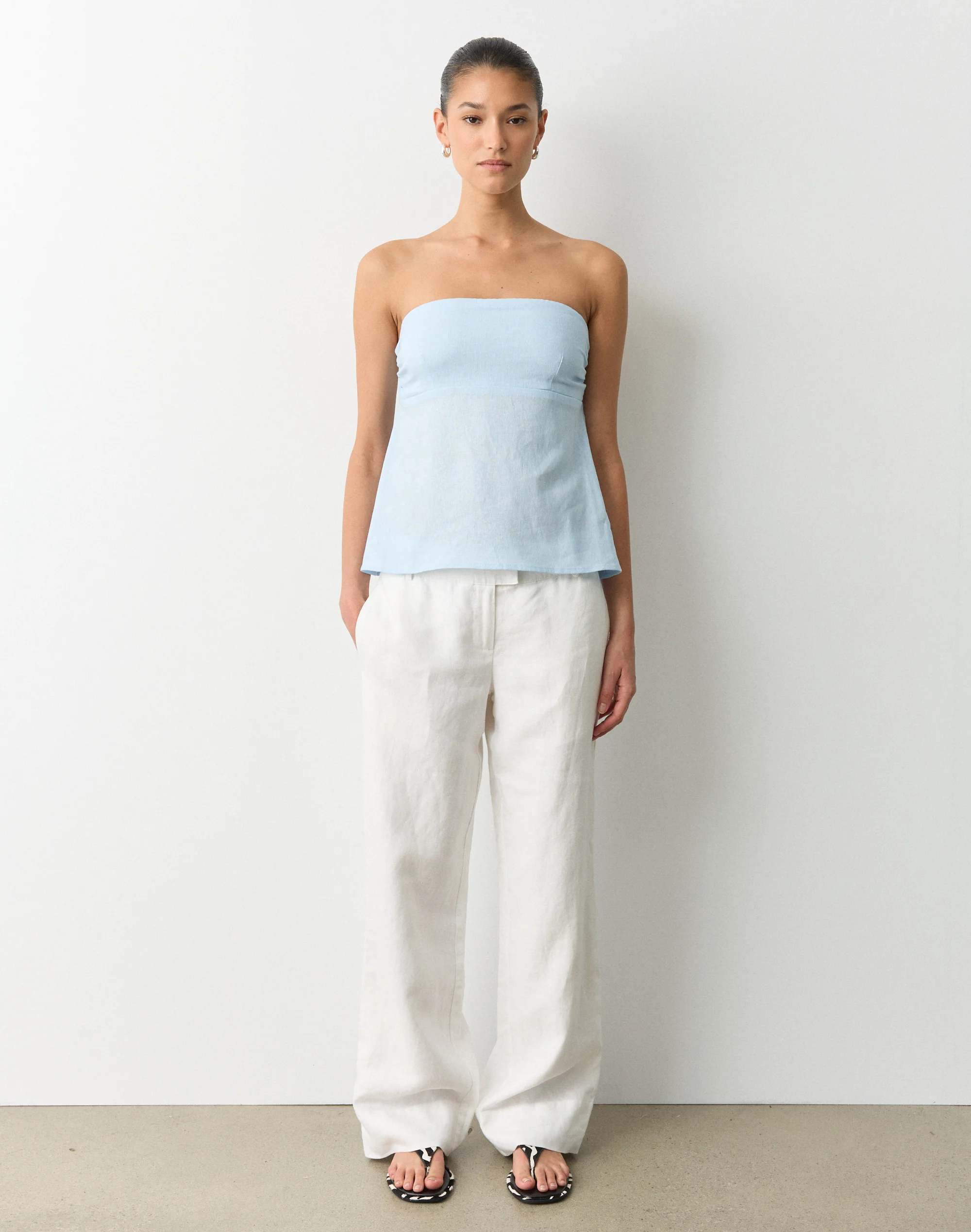 Linen Blend Strapless Tie Back Top Vapor Blue
