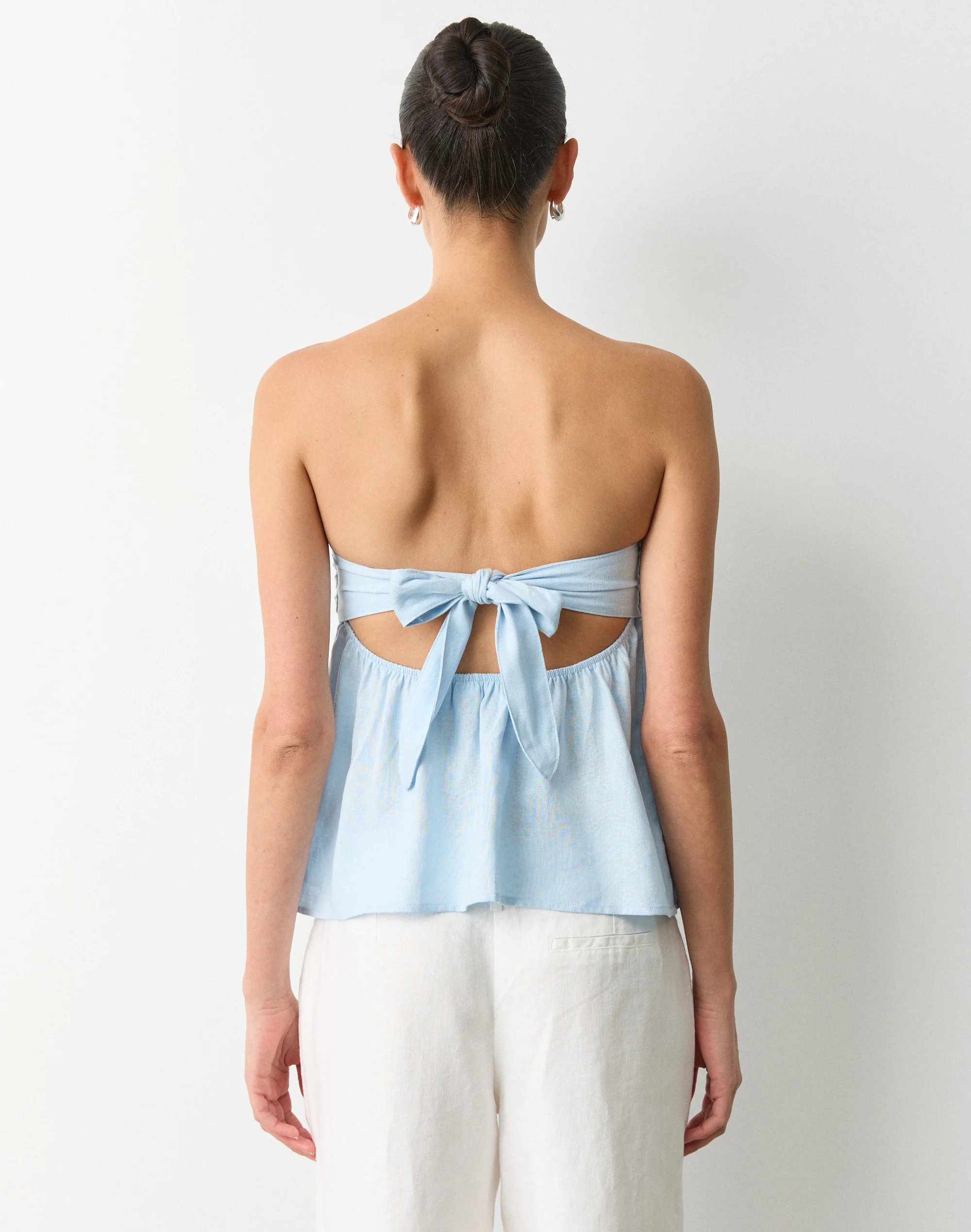 Linen Blend Strapless Tie Back Top Vapor Blue