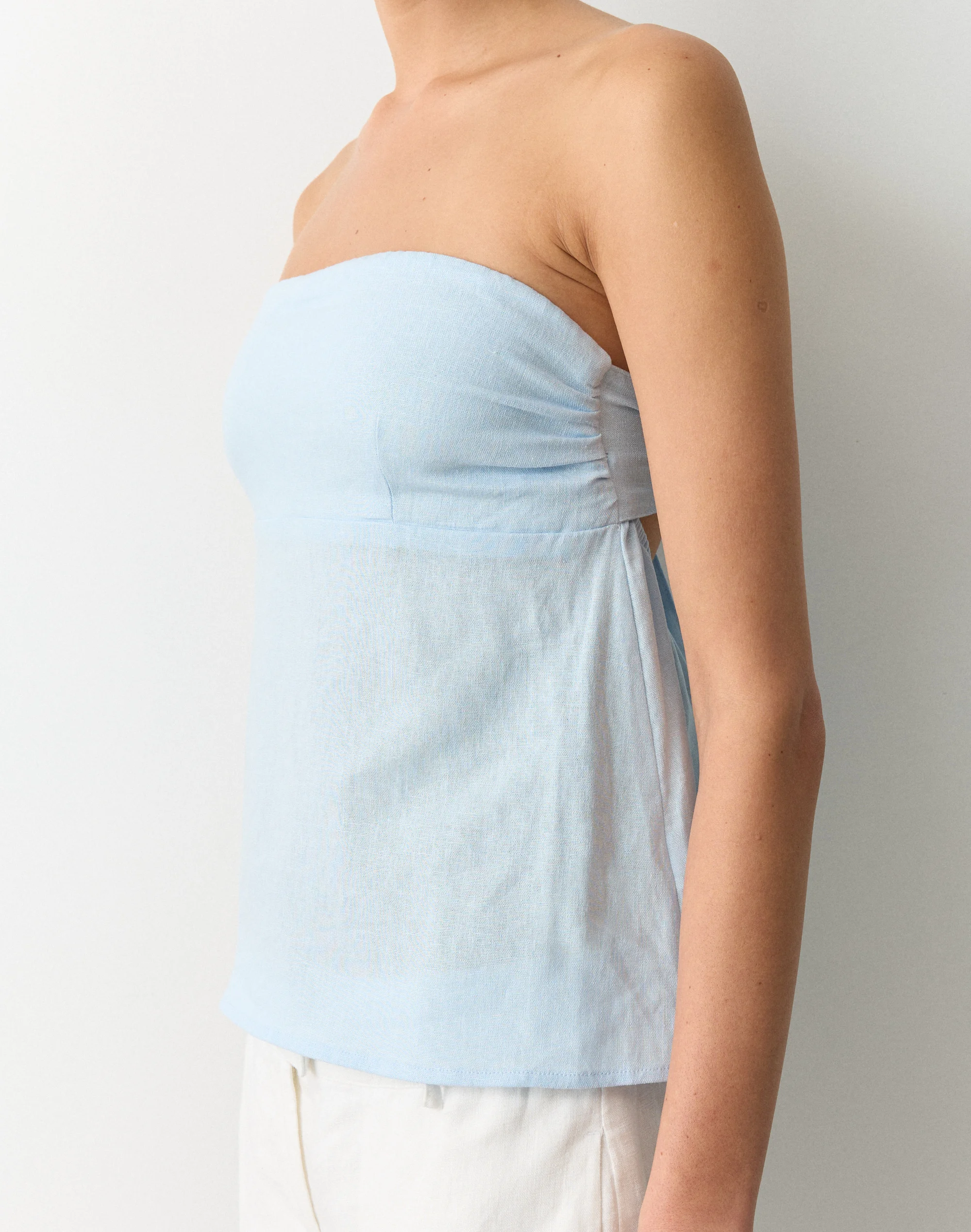 Linen Blend Strapless Tie Back Top Vapor Blue