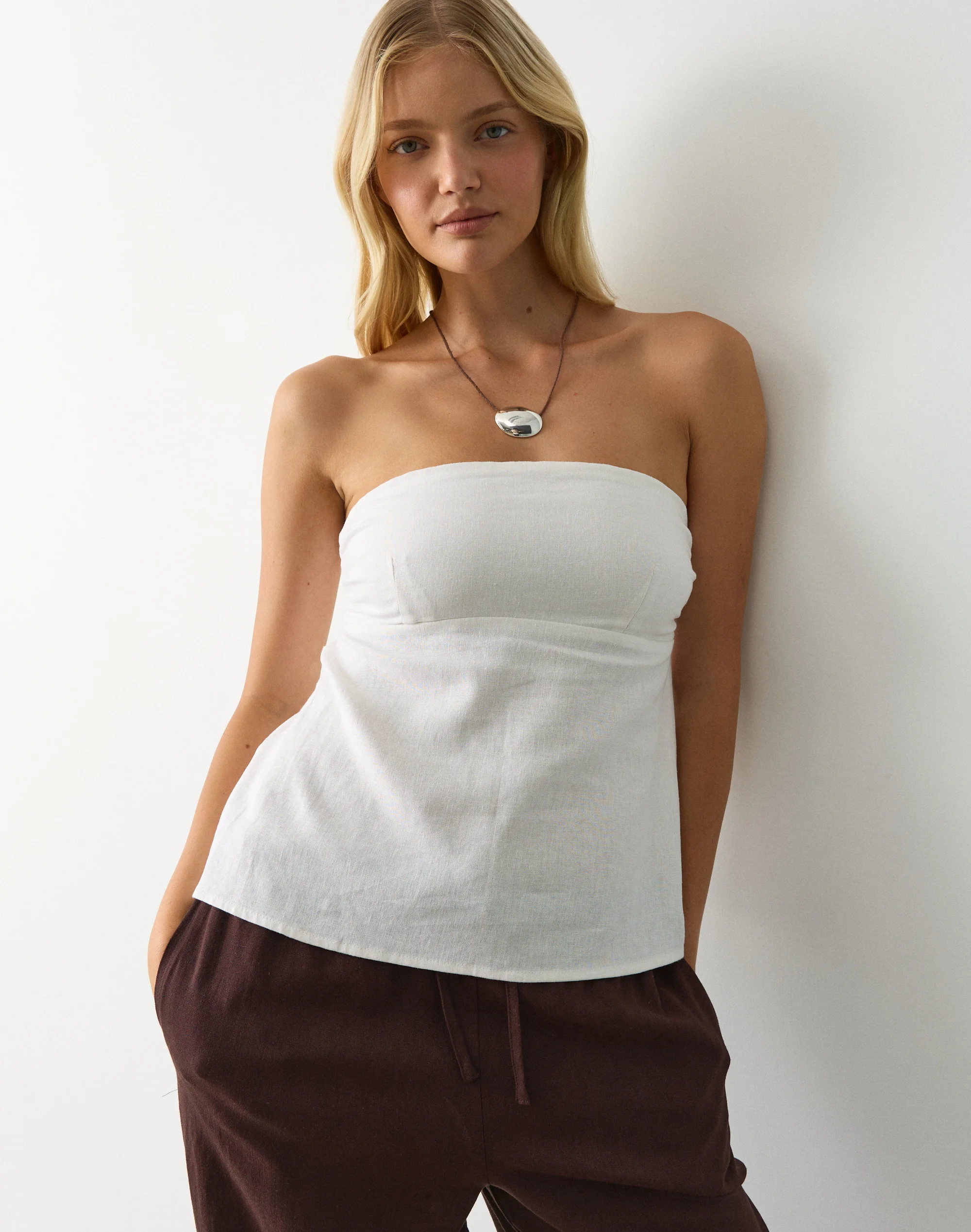 Linen Blend Strapless Tie Back Top White