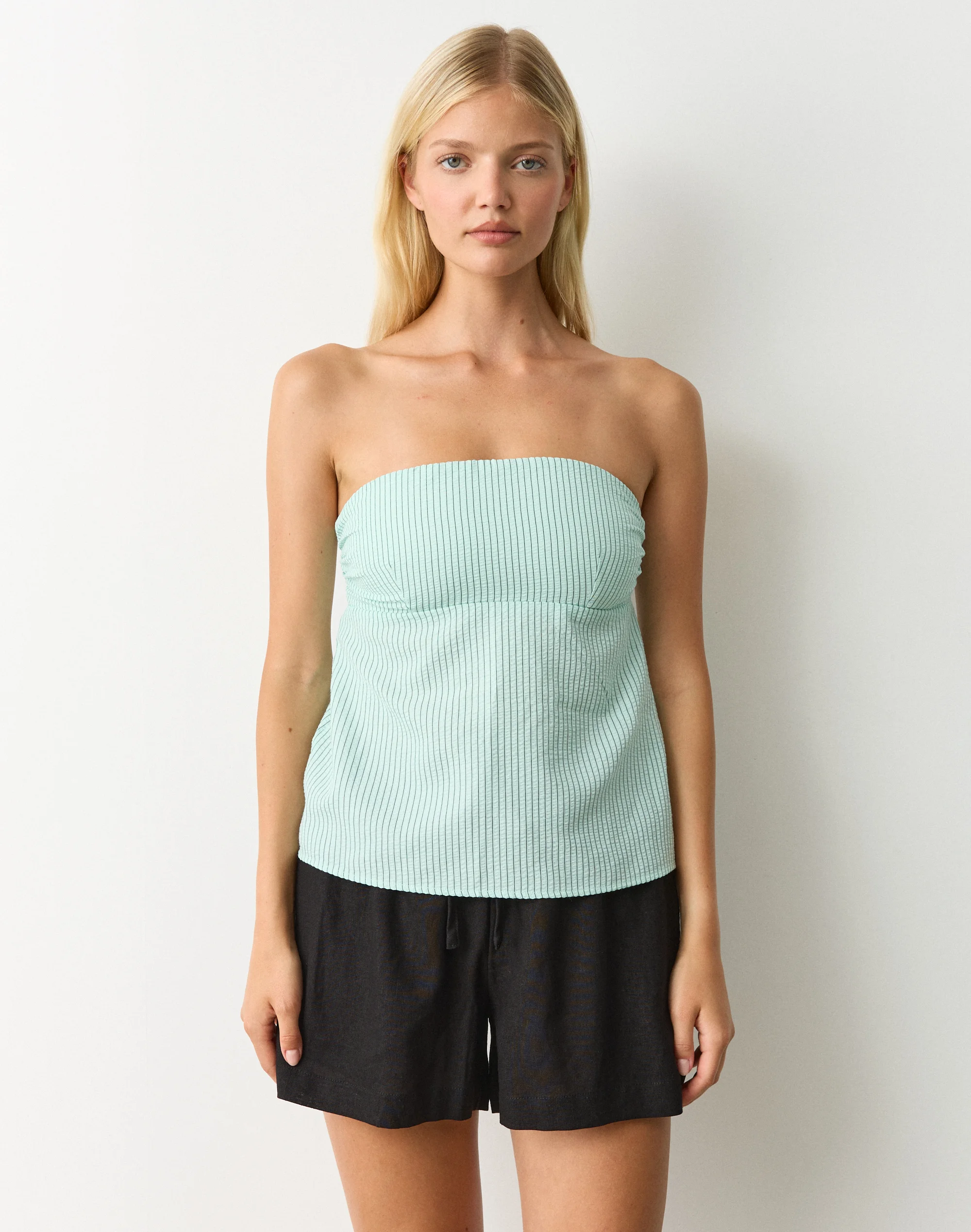 Cotton Strapless Tie Back Top Mint Wandy Stripe