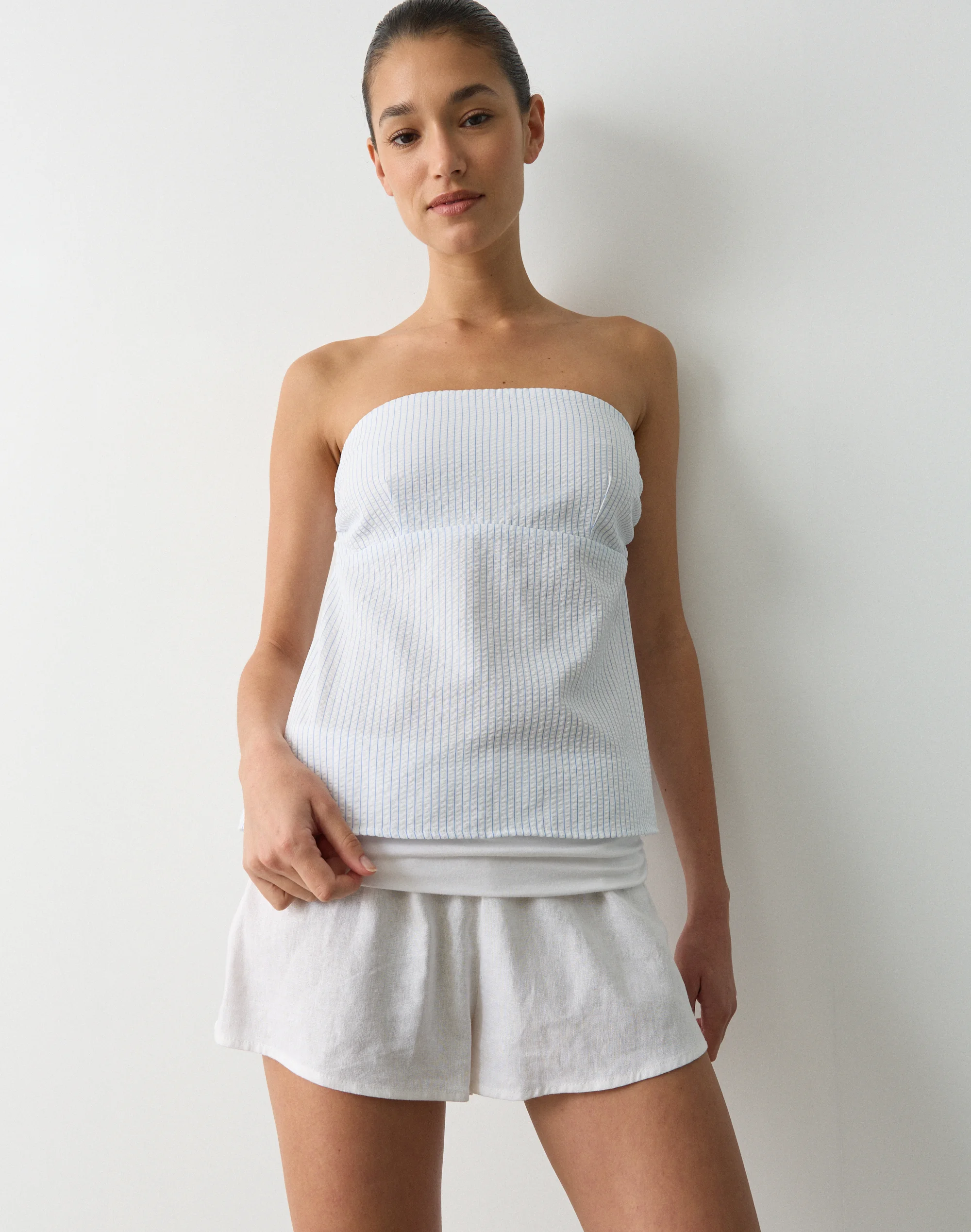Cotton Strapless Tie Back Top White X Blue Wandy Stripe