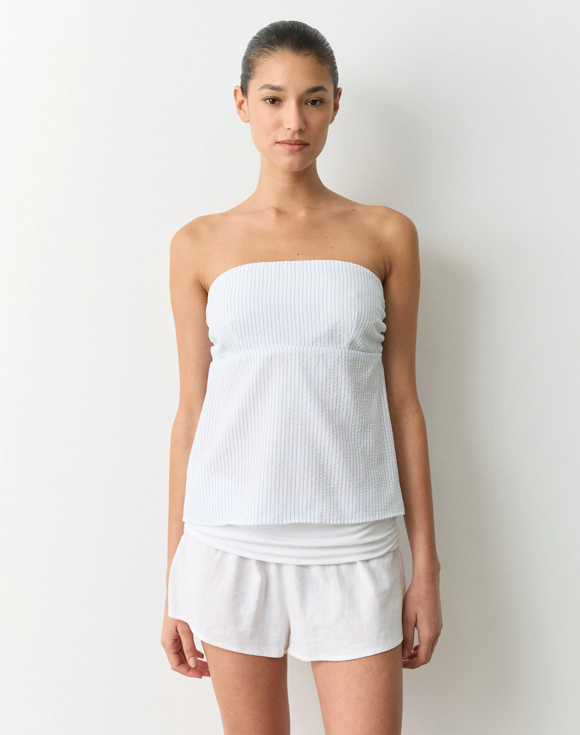 Cotton Strapless Tie Back Top White X Blue Wandy Stripe