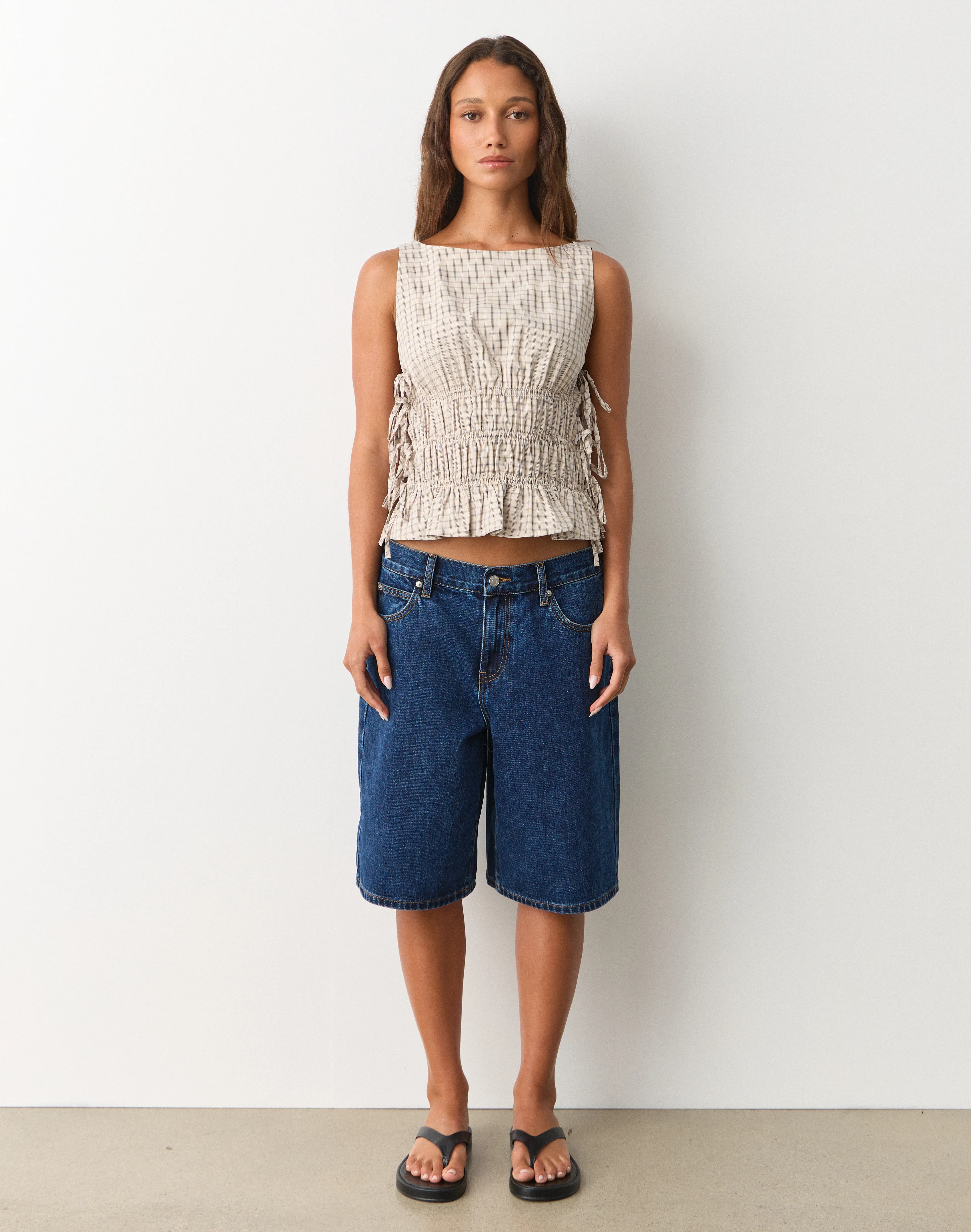 Print Tie Side Shirred Blouse Sand Gimmie Check