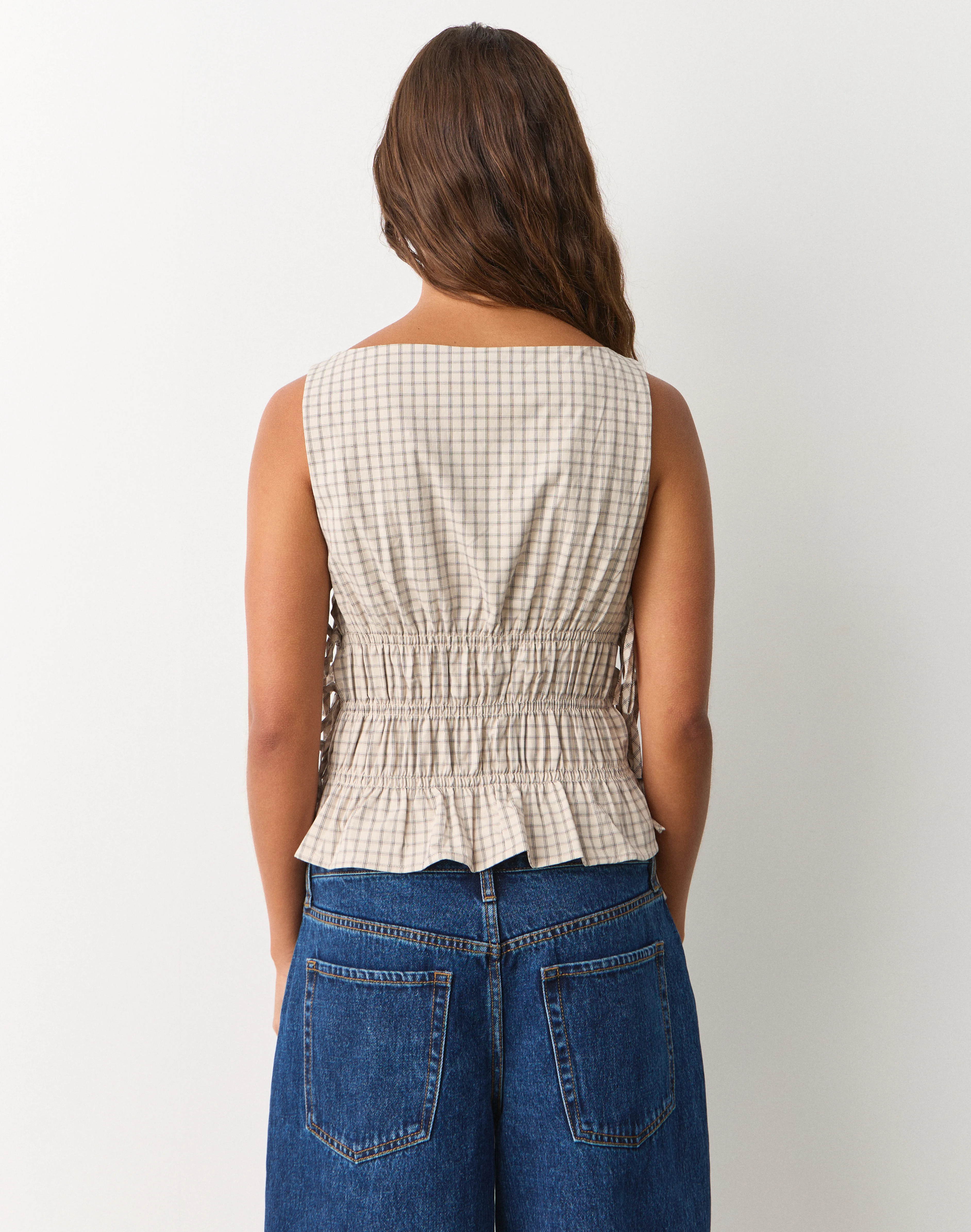 Print Tie Side Shirred Blouse Sand Gimmie Check