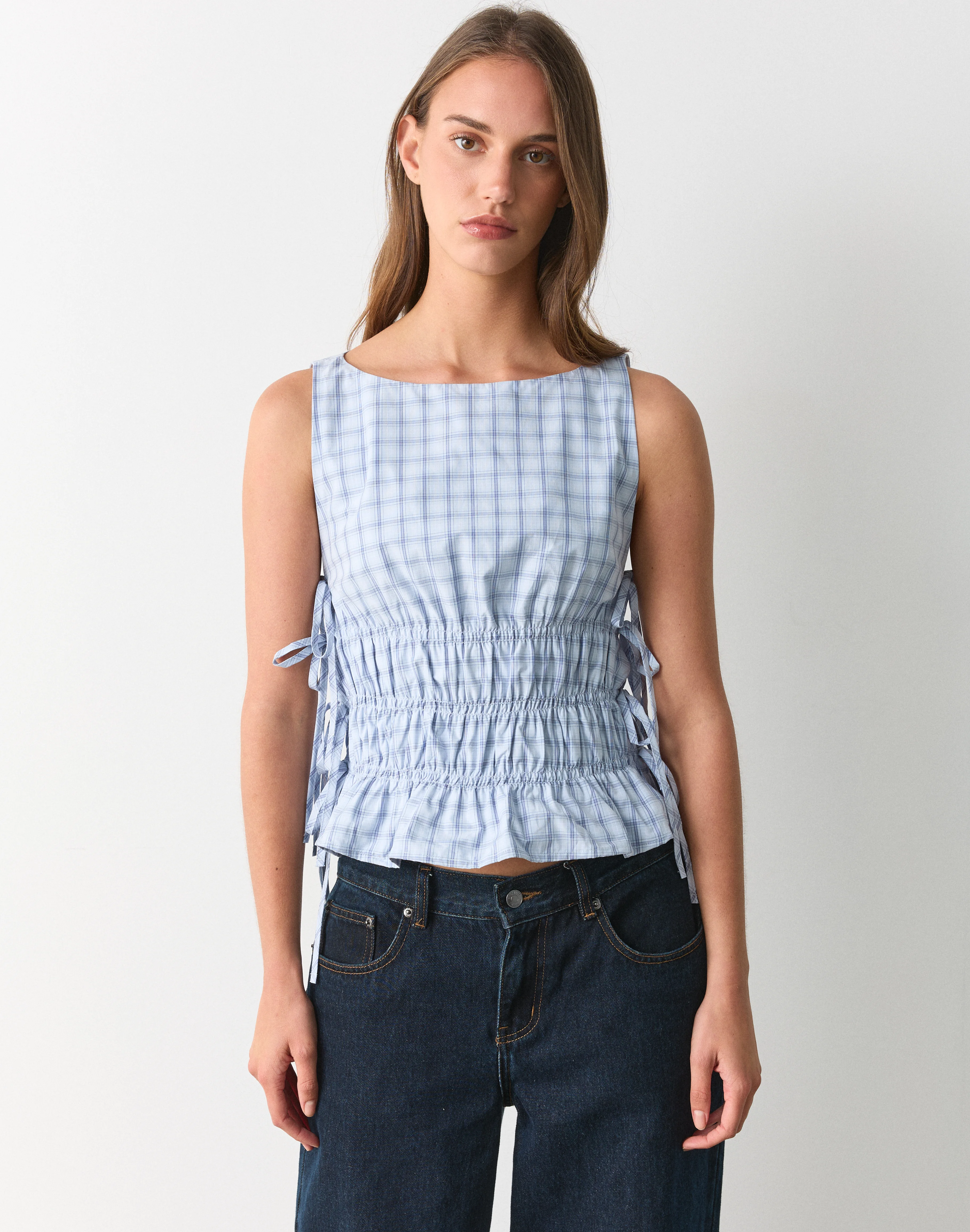 Print Tie Side Shirred Blouse Western Kalamata Check