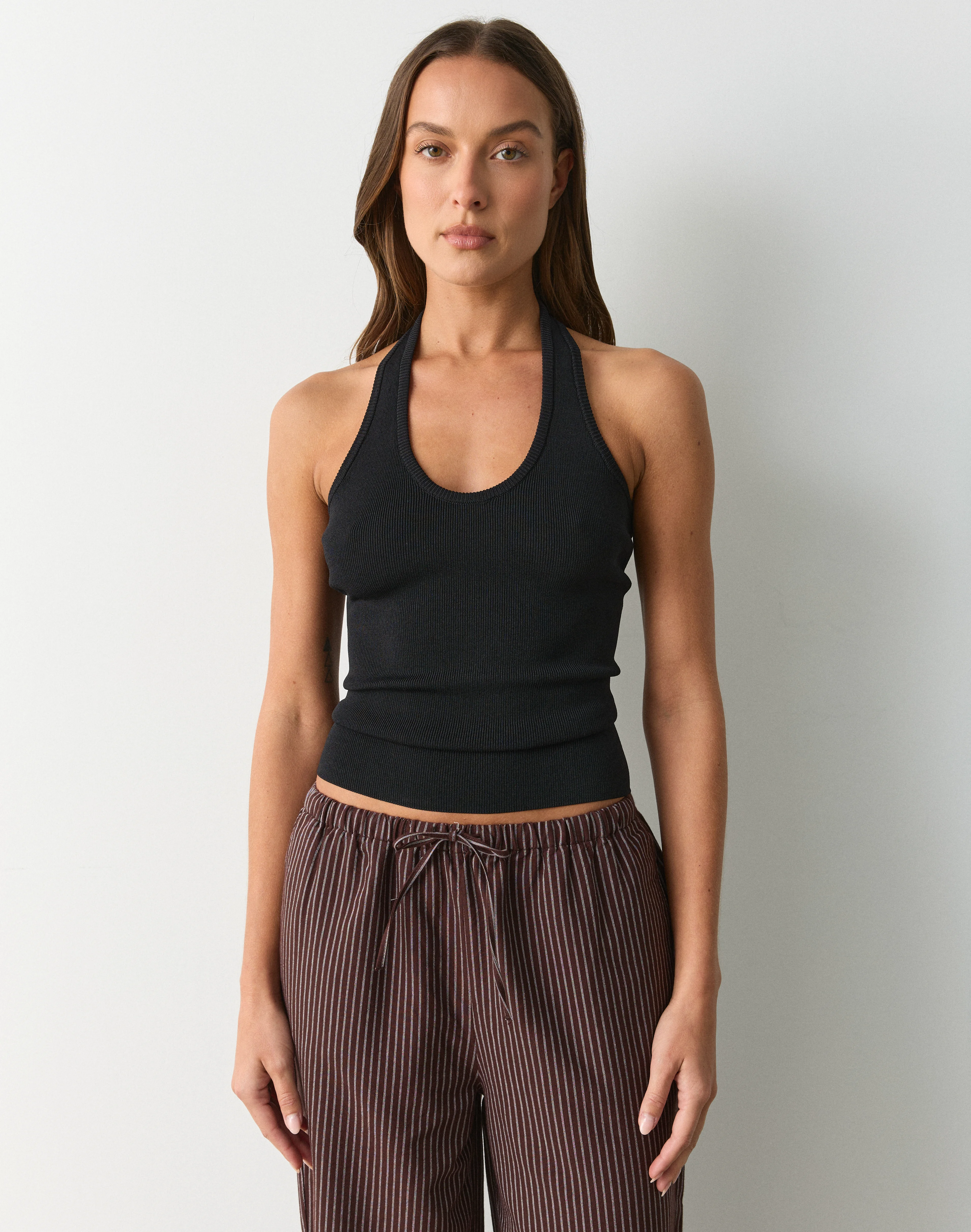 Knit Scoop Neck Halter Top Black