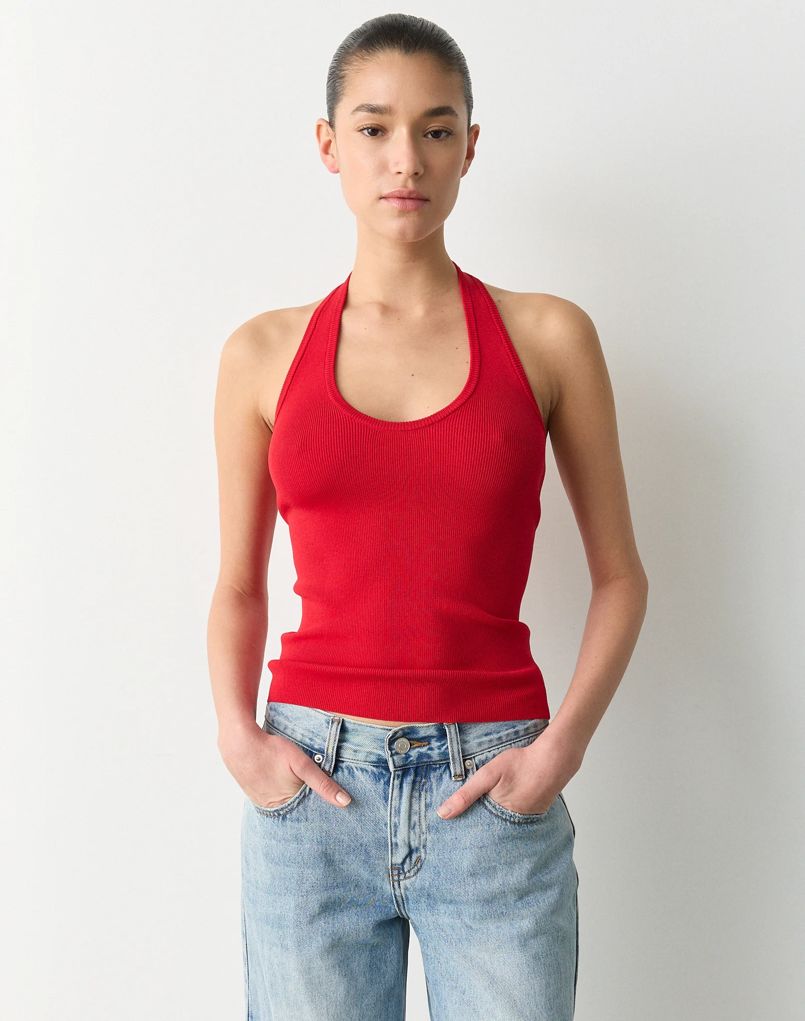 Knit Scoop Neck Halter Top Get Reddy