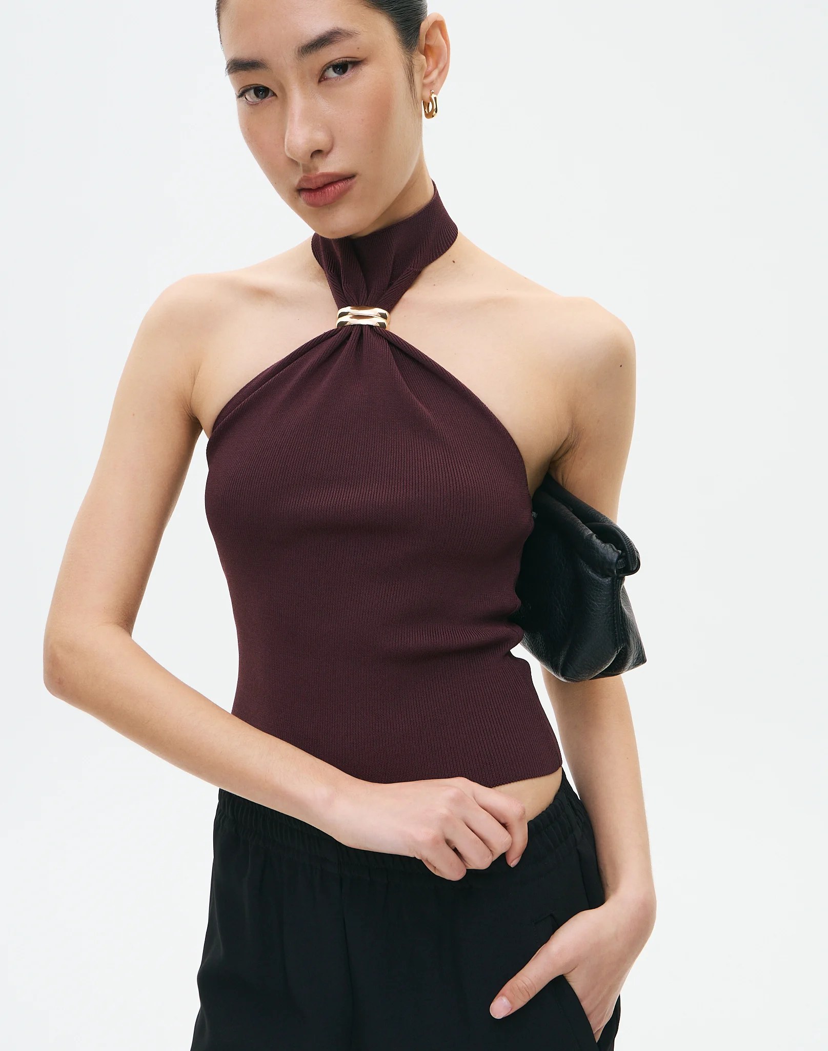 High Neck Hardware Detail Knit Top Bean There