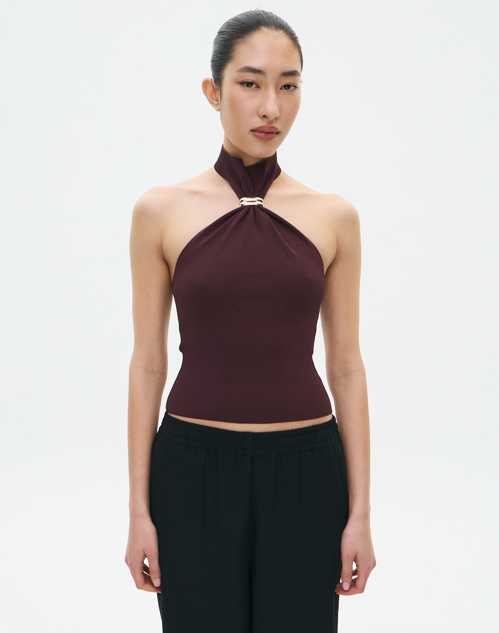 High Neck Hardware Detail Knit Top Bean There