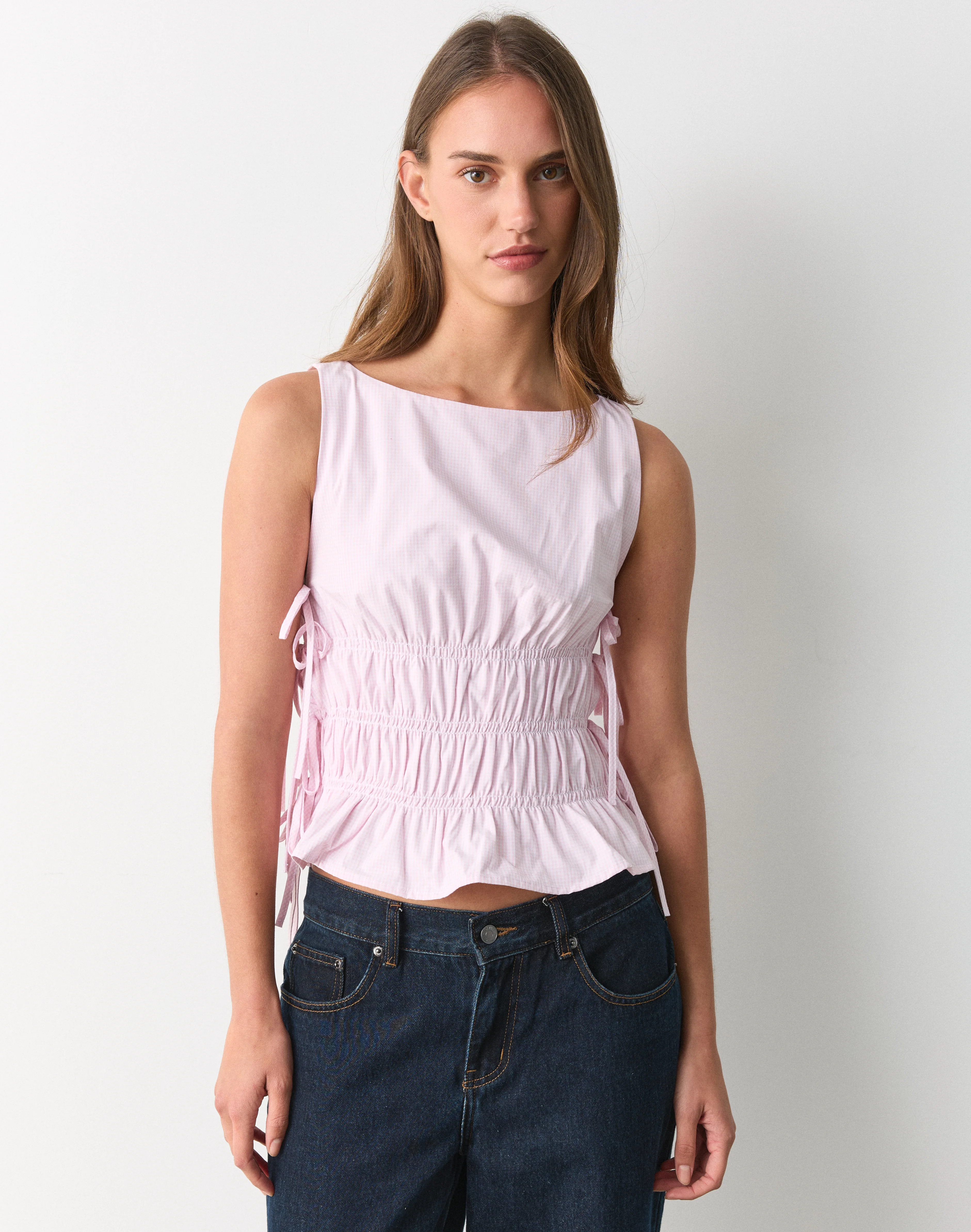Gingham Tie Side Shirred Blouse Filly Romance Ghm