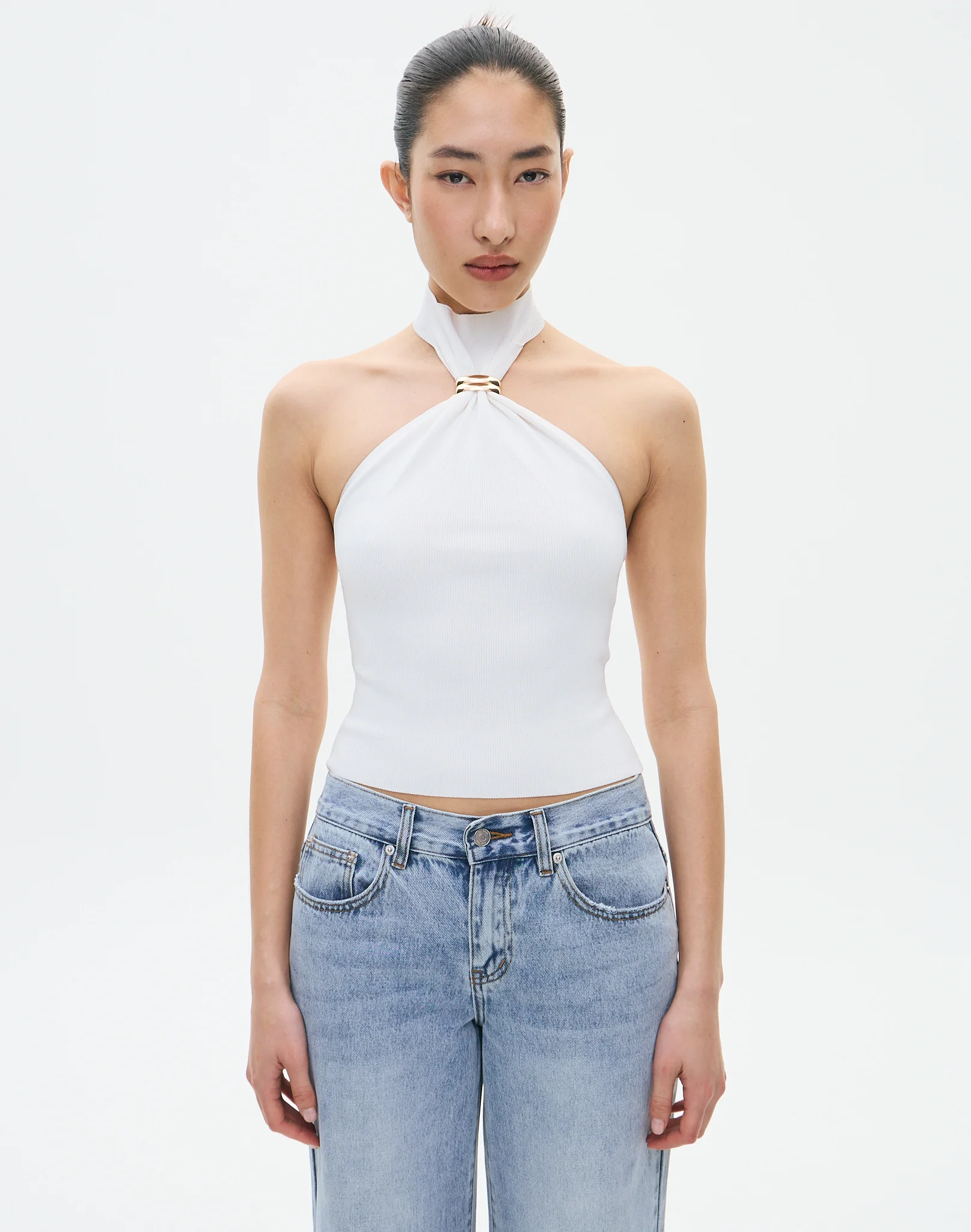 High Neck Hardware Detail Knit Top Milk