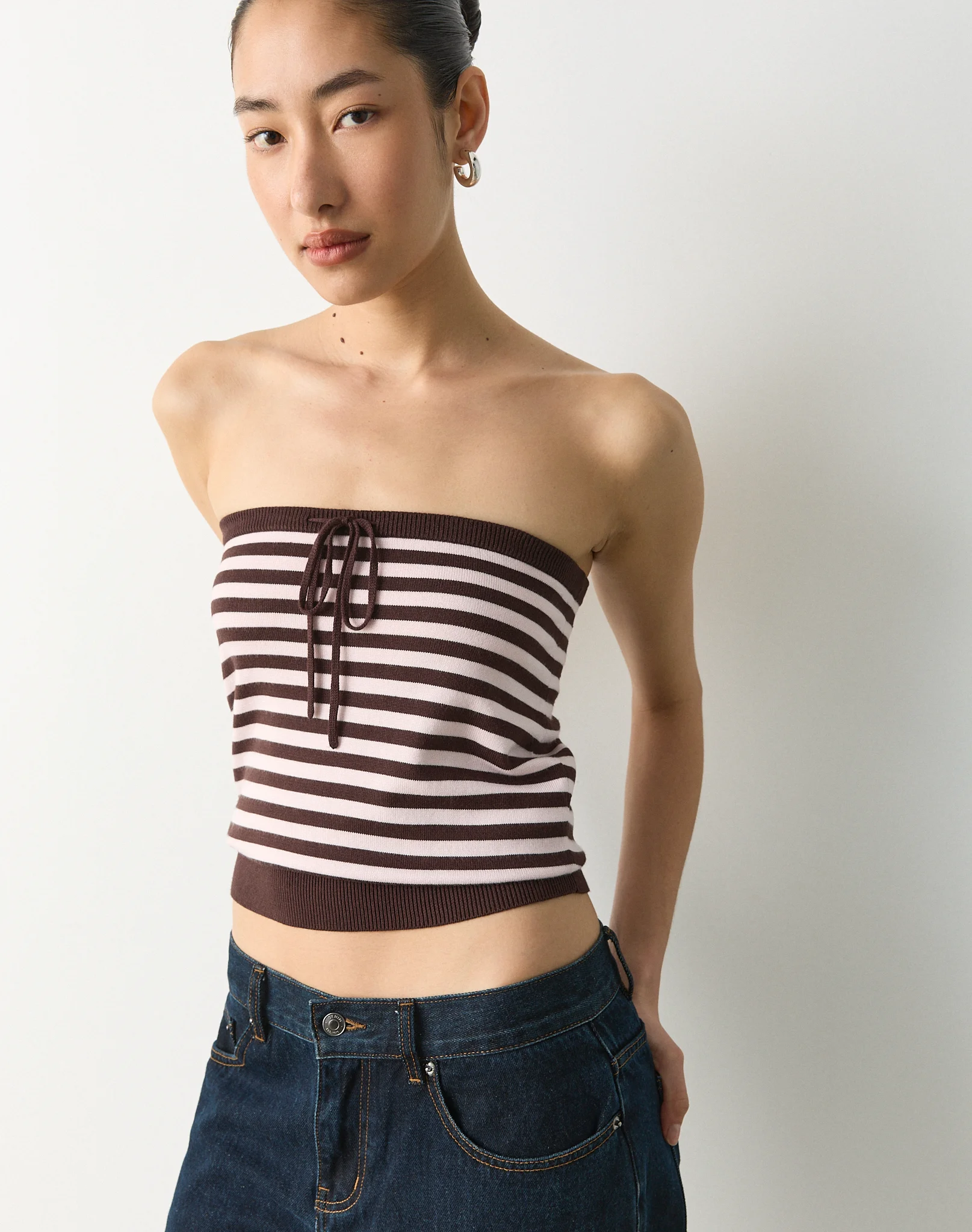 Stripe Tie Front Strapless Knit Top Fudge Romance Lena Stripe