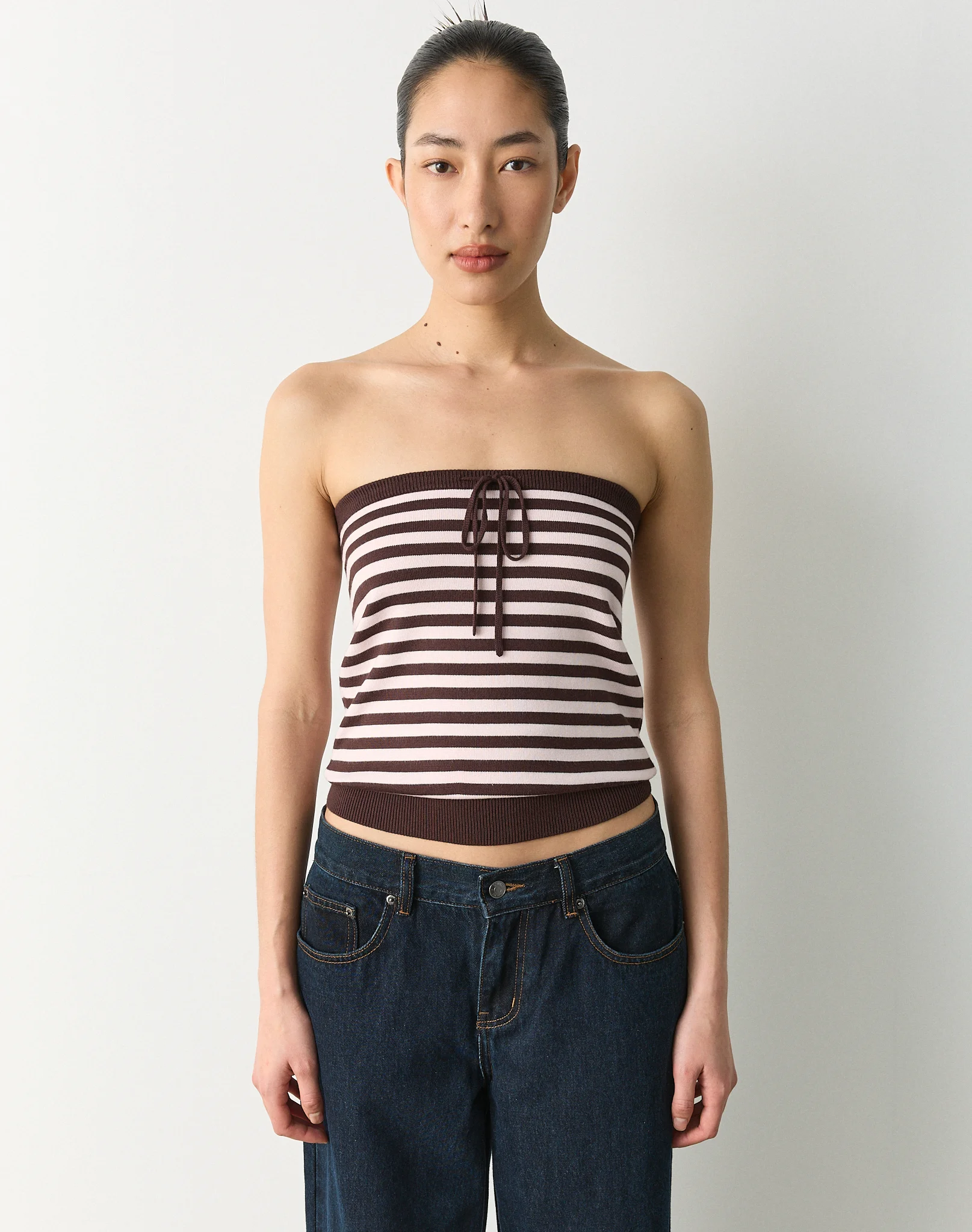 Stripe Tie Front Strapless Knit Top Fudge Romance Lena Stripe