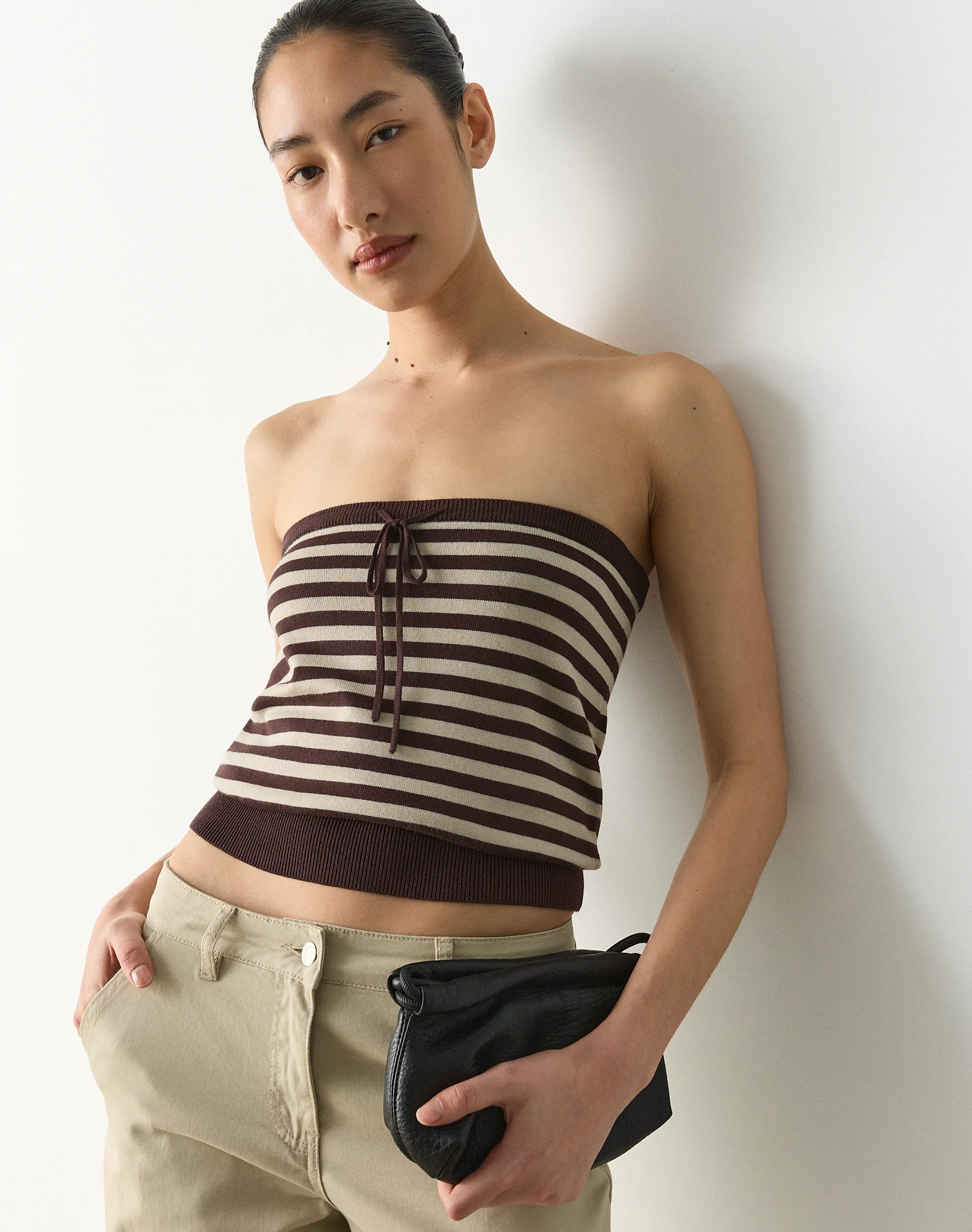 Stripe Tie Front Strapless Knit Top Fudge Sand Lena Stripe