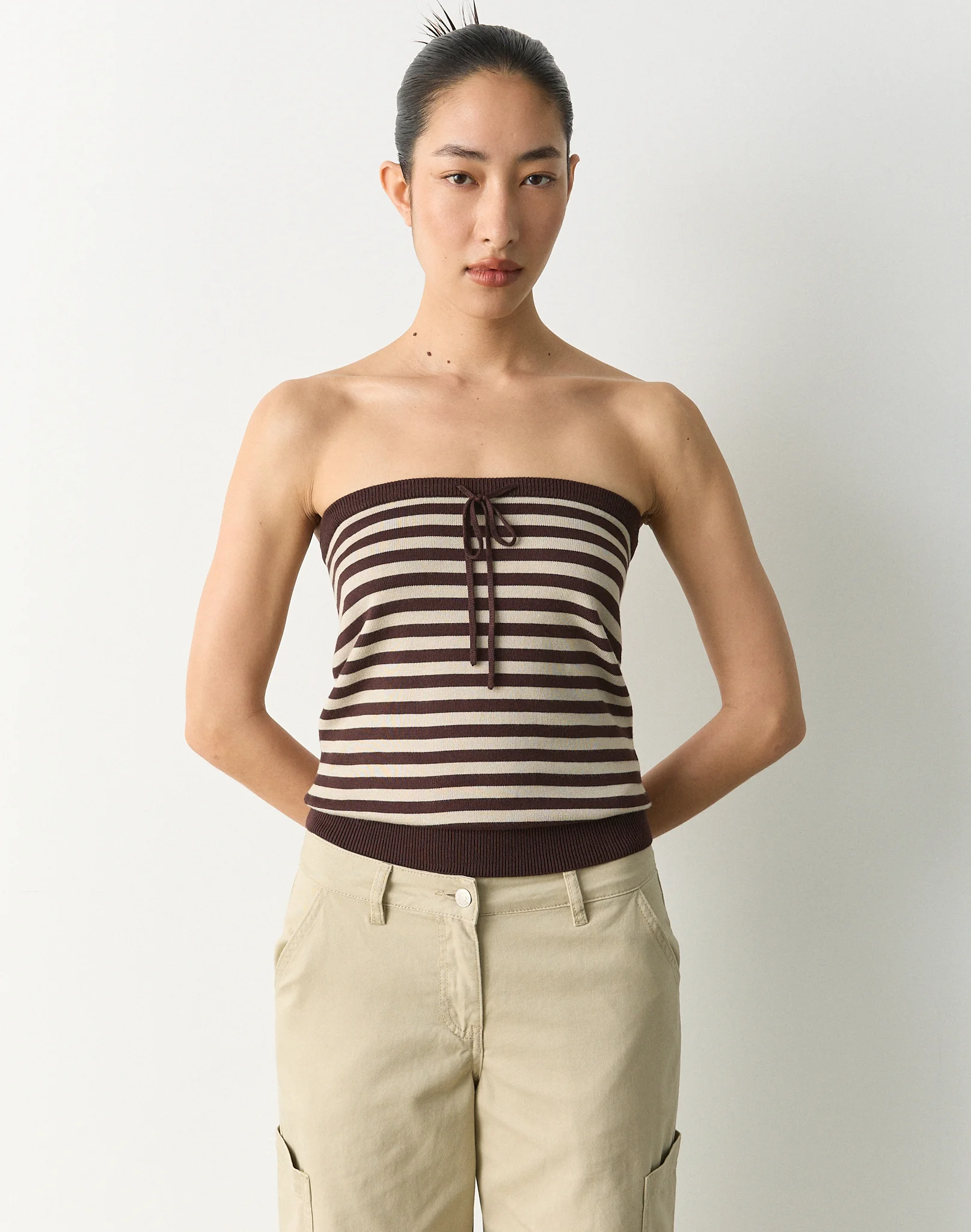 Stripe Tie Front Strapless Knit Top Fudge Sand Lena Stripe