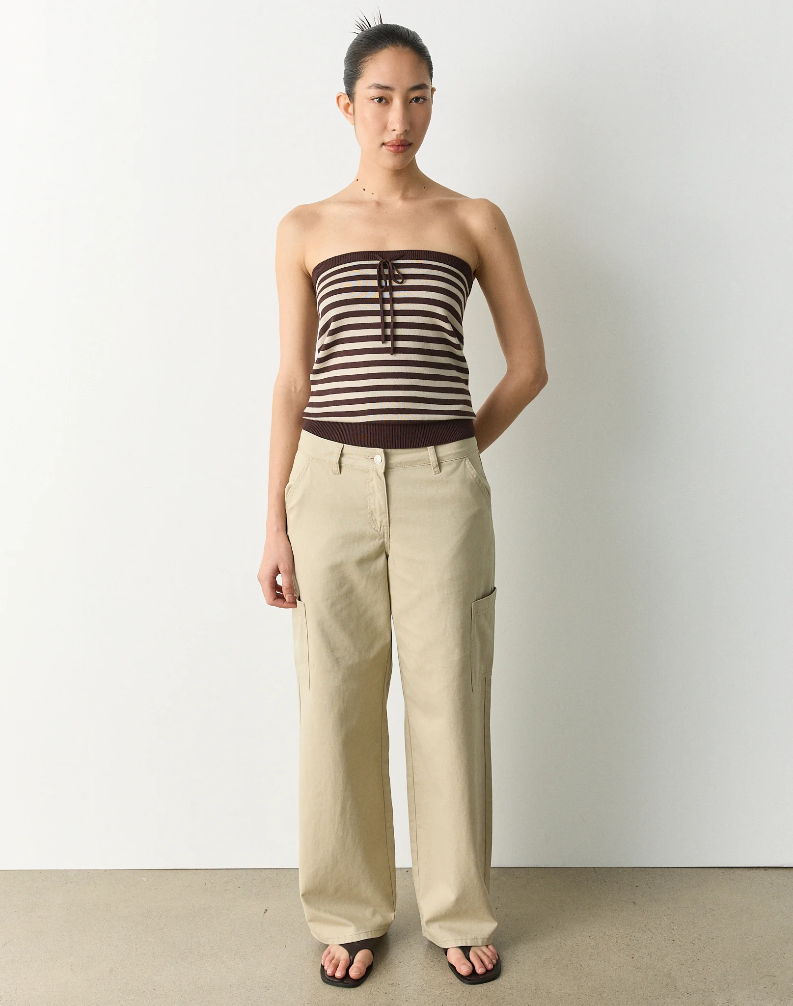 Stripe Tie Front Strapless Knit Top Fudge Sand Lena Stripe