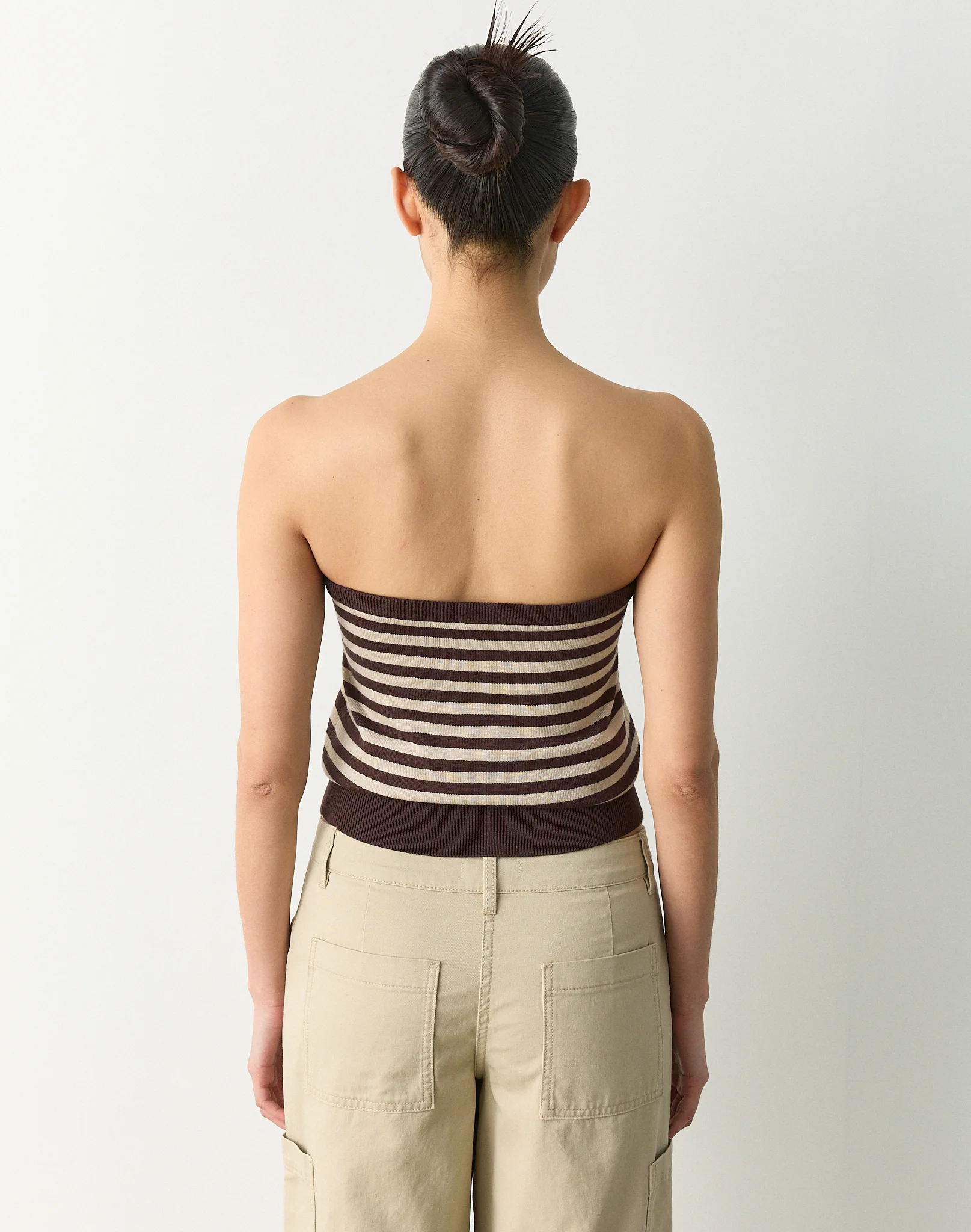 Stripe Tie Front Strapless Knit Top Fudge Sand Lena Stripe