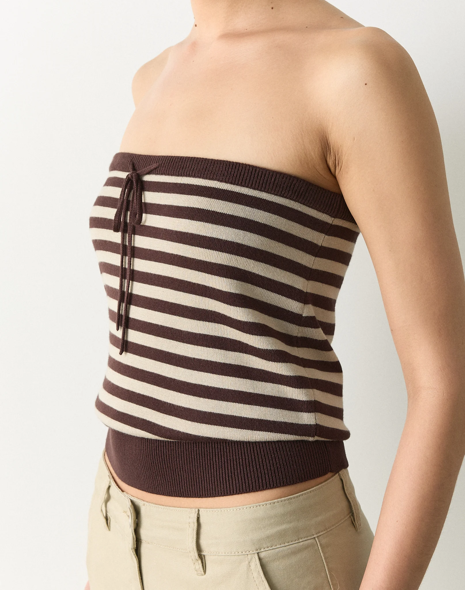 Stripe Tie Front Strapless Knit Top Fudge Sand Lena Stripe