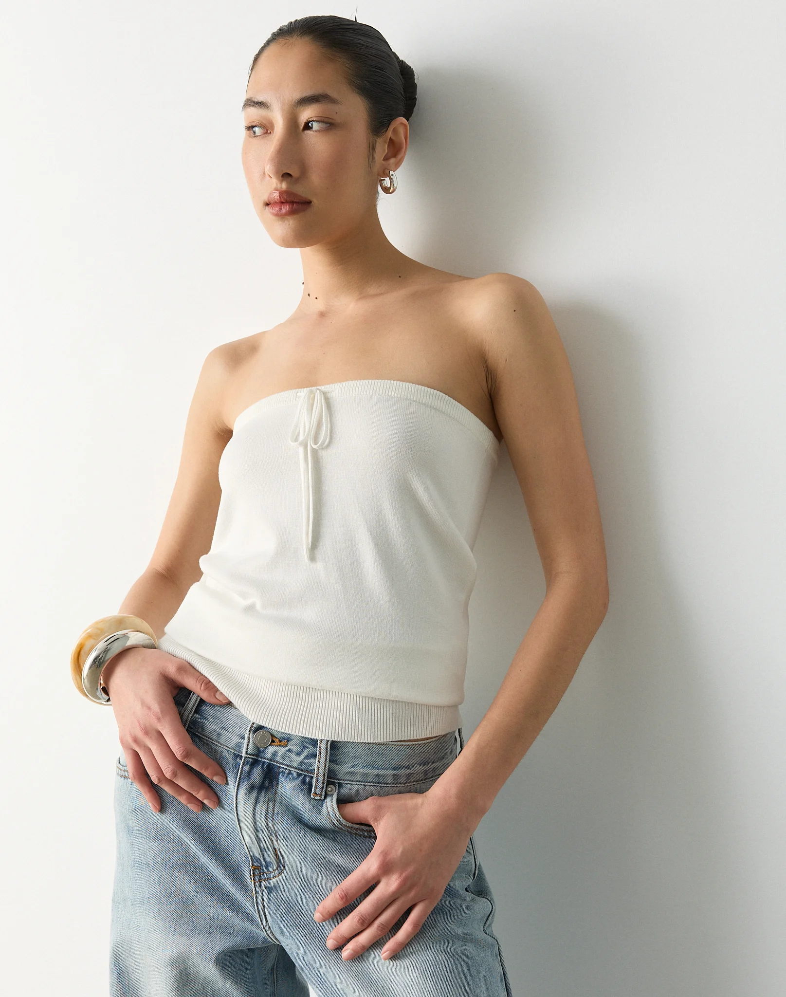 Tie Front Strapless Knit Top Milk