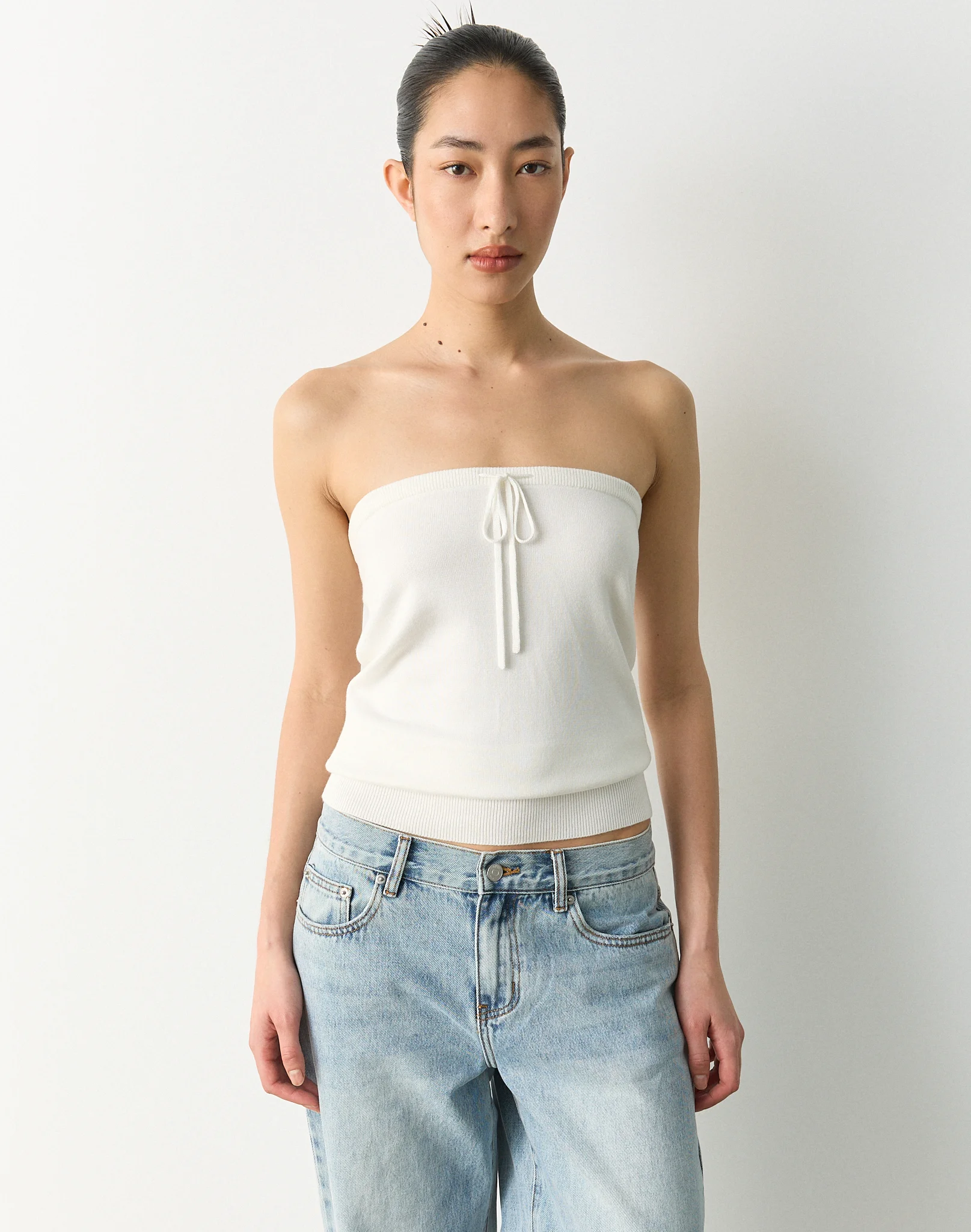 Tie Front Strapless Knit Top Milk