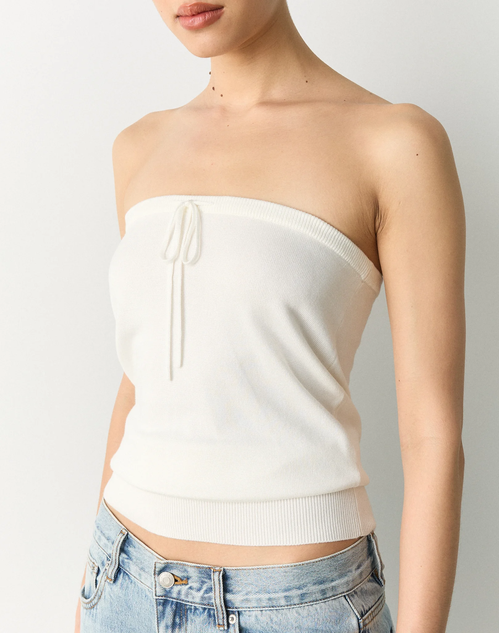 Tie Front Strapless Knit Top Milk